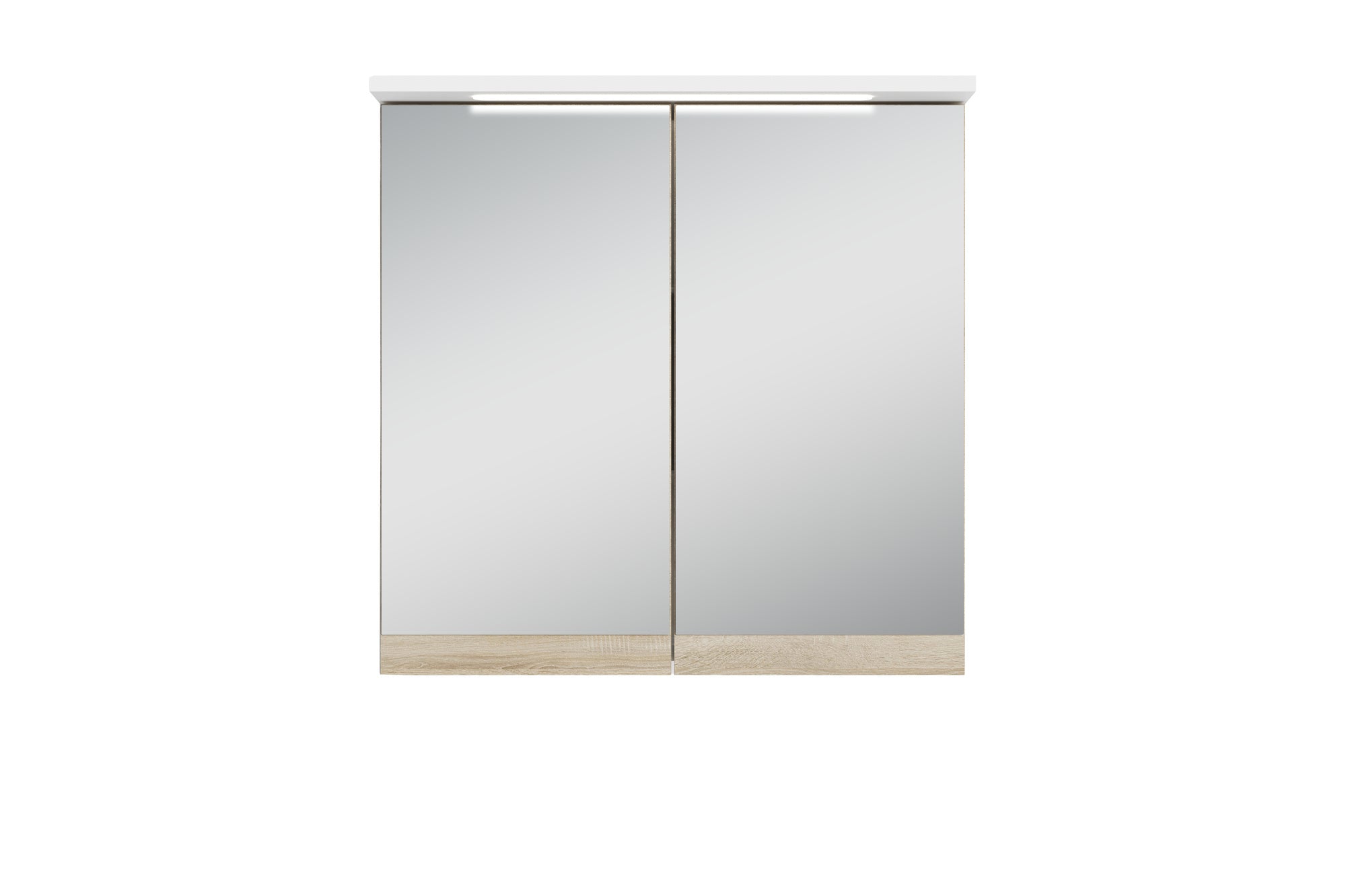 Badezimmer Spiegelschrank Marino mit LED-Beleuchtung und Steckdose / Moderner, 2-türiger Spiegel Hängeschrank in schnee-weiß matt und Absetzung Sonoma Eiche / Wandschrank mit Spiegeltüren / B 60, H 60, T 20 cm