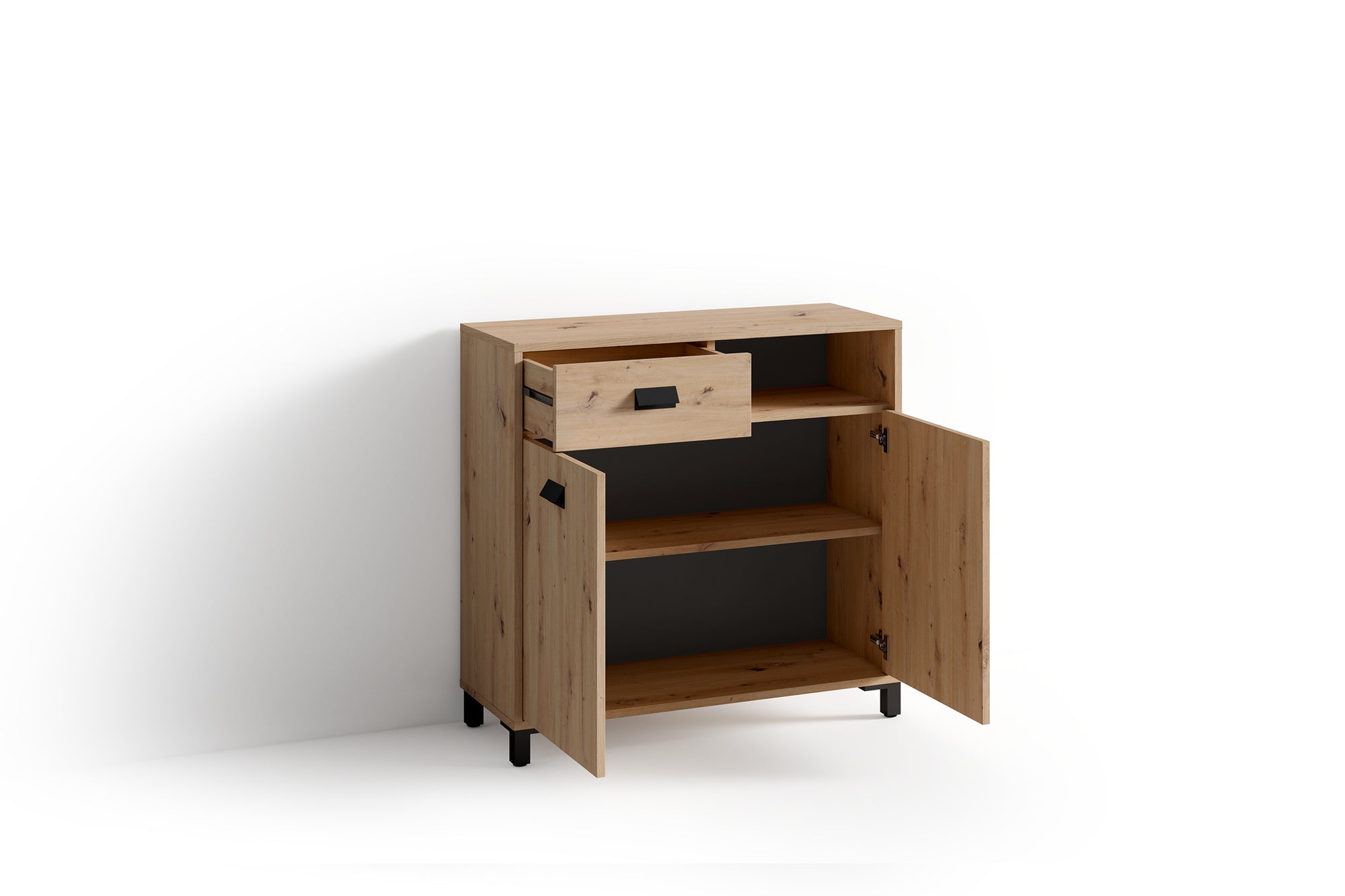 Badezimmer Kommode WELLNESS in Artisan Eiche, Griffe aus Metall in schwarz / Badschrank mit einer Schublade und zwei Türen / B 80,5, H 77,5, T 31 cm