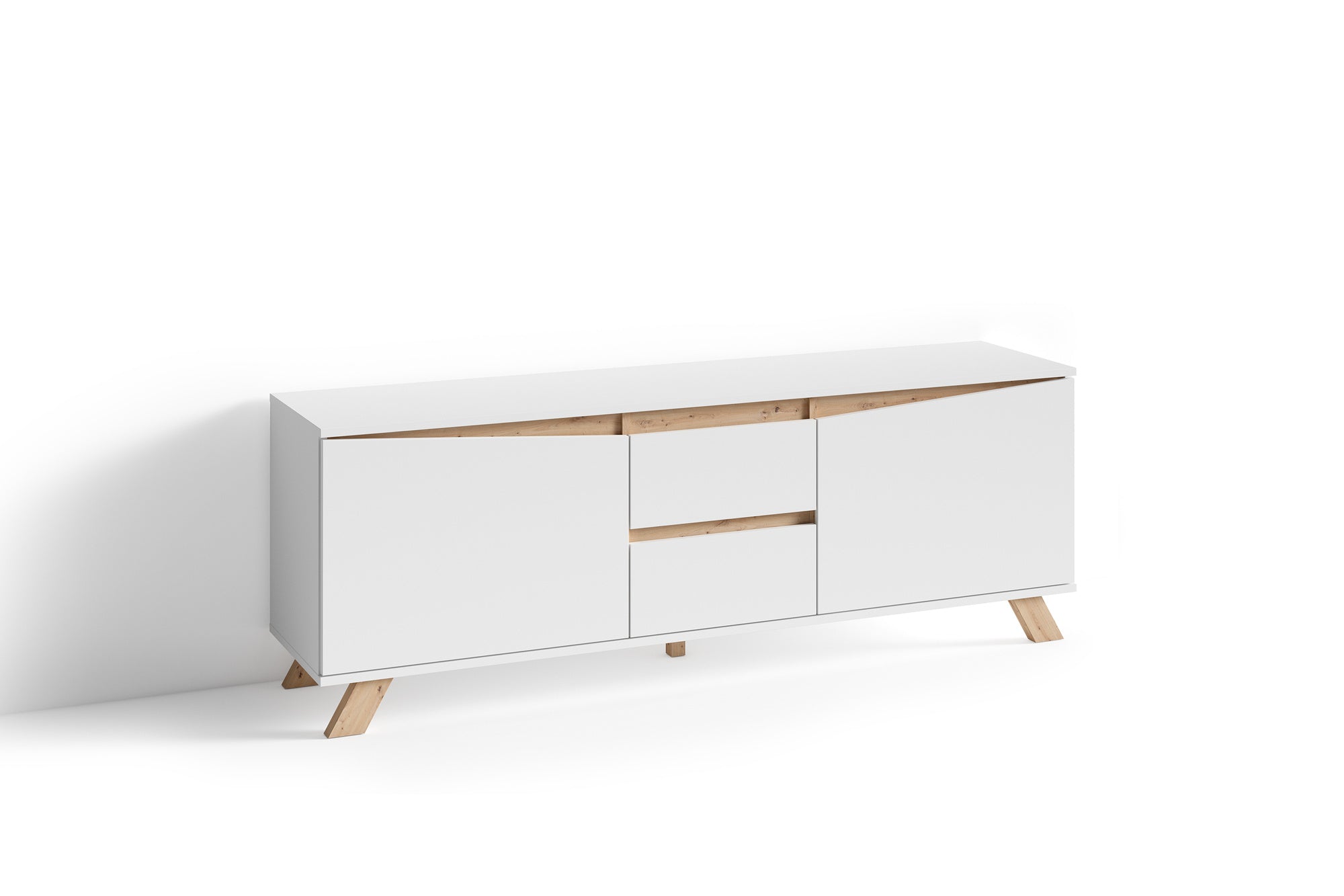 TV-Board VALENTIN / Lowboard matt weiß oder anthrazit mit Absetzung in Eiche-Optik / Fernsehtisch mit 2 Türen und 2 Schubkästen / Fernsehschrank im Scandi-Style / Grifflos / B 160, H 60, T 38 cm