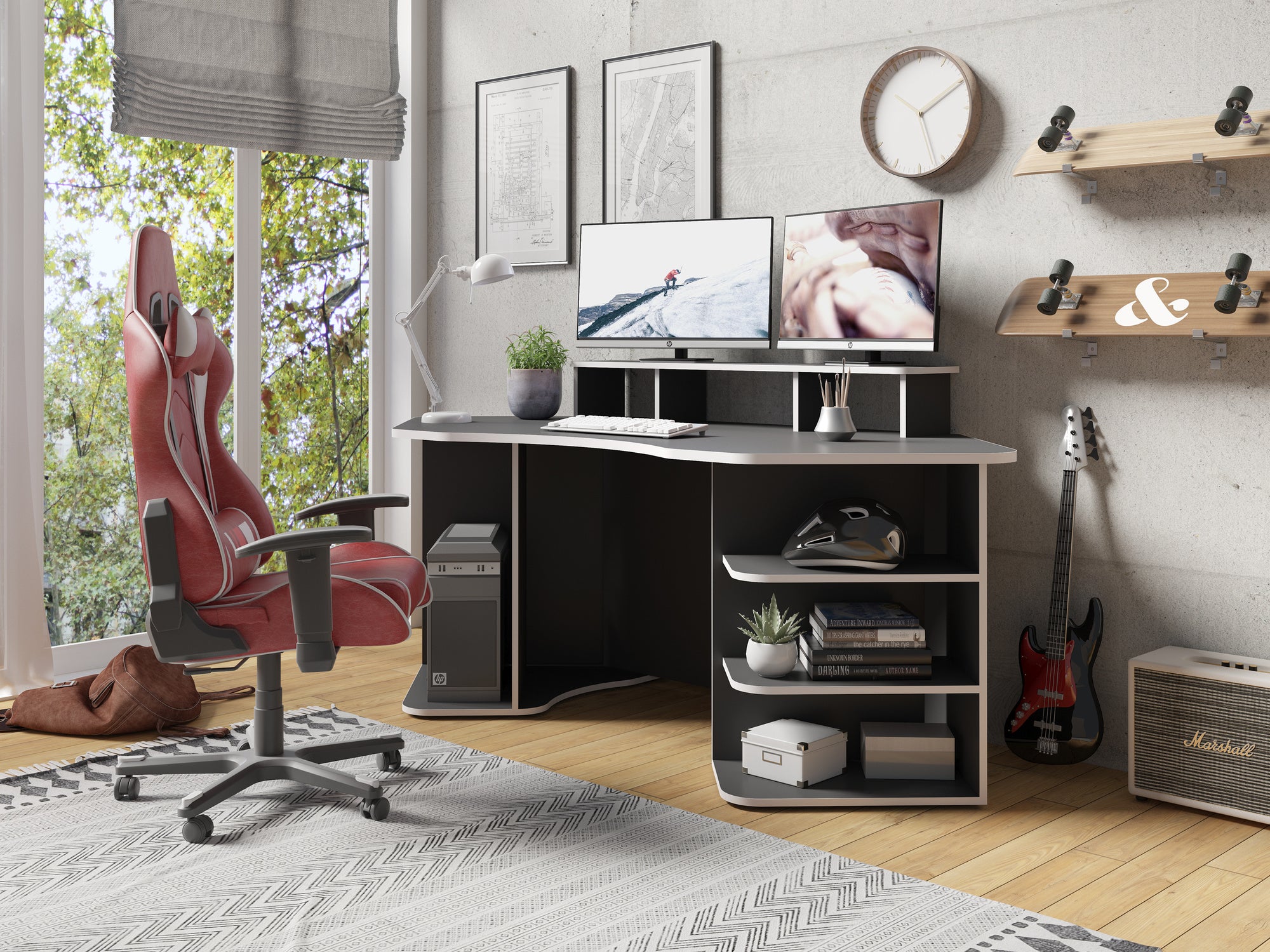 Schreibtisch THANATOS / Gaming-Tisch in Schwarz mit Kanten in rot, weiß oder schwarz / Eck-Schreibtisch mit viel Stauraum und XXL Tischplatte / Computer-Tisch / mit Ausatz / 198x76x85cm (BxHxT)