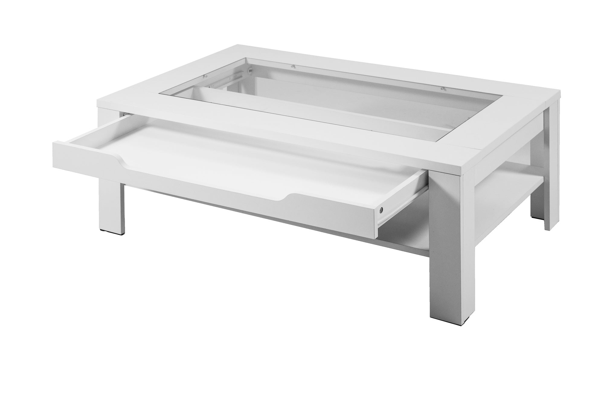 Couchtisch RALPH / moderner Sofatisch mit Glaseinlage und großzügiger Schublade in weiß, Artisan Eiche (Eiche-Optik) oder Old Wood (Altholz-Optik) / Beistelltisch mit viel Stauraum / B 110, H 43, T 67 cm