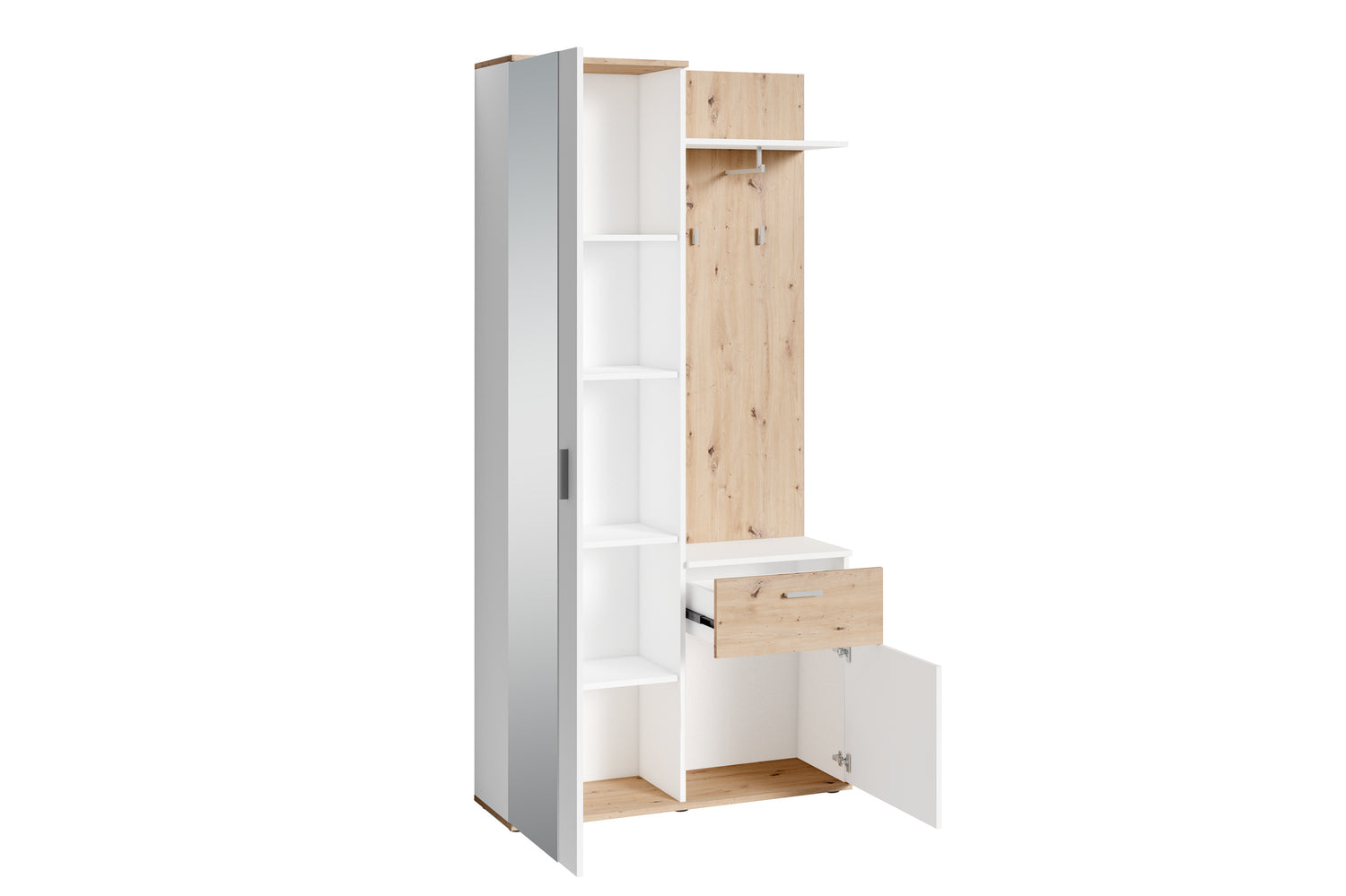 Kompakt-Garderobe JAKOB / in Old Wood (Altholz-Optik), Artisan Eiche (Eiche-Optik) oder weiß / Garderobe mit großer Spiegeltür / Fest montiertes Set / Kommode / Schuh-Schrank / B 97, H 195, T 30 cm