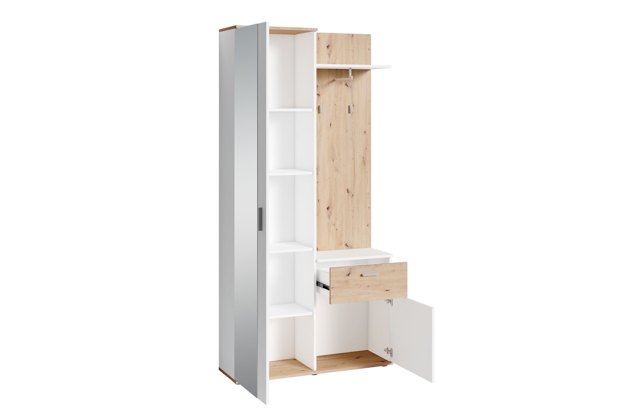 Kompakt-Garderobe JAKOB / in Old Wood (Altholz-Optik), Artisan Eiche (Eiche-Optik) oder weiß / Garderobe mit großer Spiegeltür / Fest montiertes Set / Kommode / Schuh-Schrank / B 97, H 195, T 30 cm