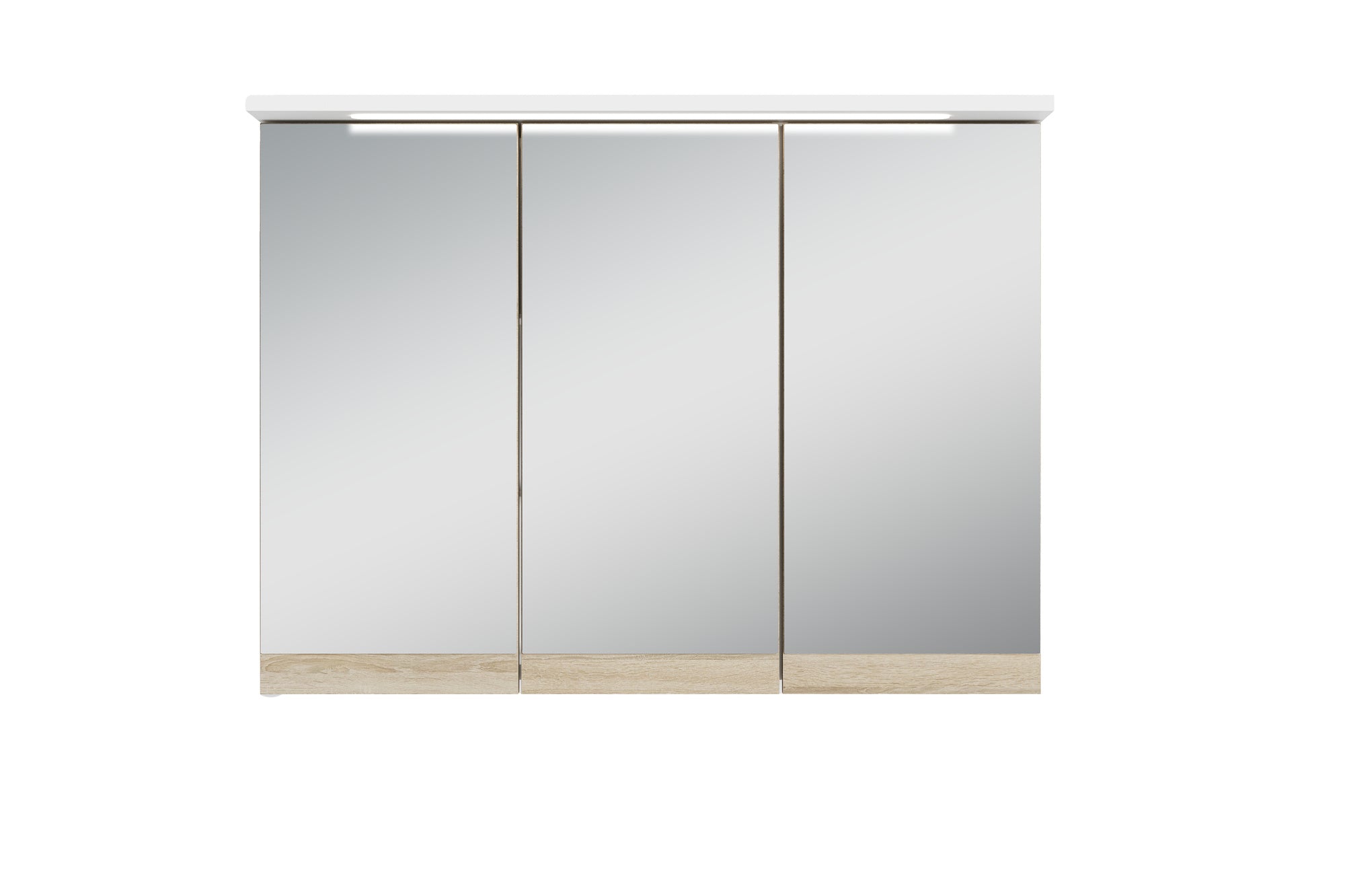 Badezimmer Spiegelschrank Marino mit LED-Beleuchtung und Steckdose / Moderner, 3-türiger Spiegel Hängeschrank in schnee-weiß matt und Absetzung Sonoma Eiche / Wandschrank mit Spiegeltüren / B 80, H 60, T 20 cm