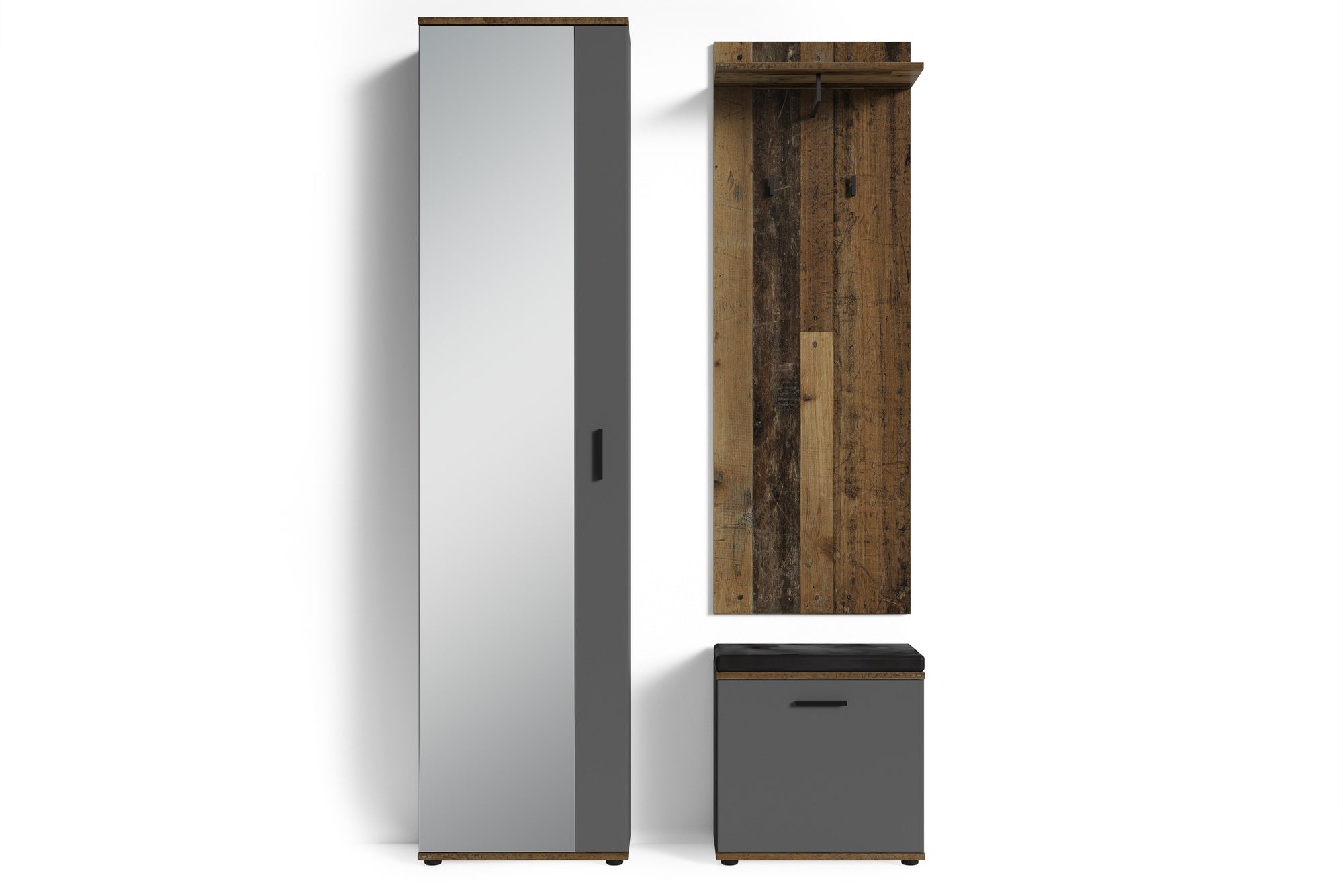 Spiegel-Schrank JAKOB / Eintüriger Hochschrank mit Spiegeltür / Artisan Eiche (Eiche-Optik), weiß oder Old Wood (Altholz-Optik) / Griffe silber oder schwarz / Tür variabel rechts oder links / 5 Fächer / Garderoben-Schrank / B 49, H 196, T 30 cm
