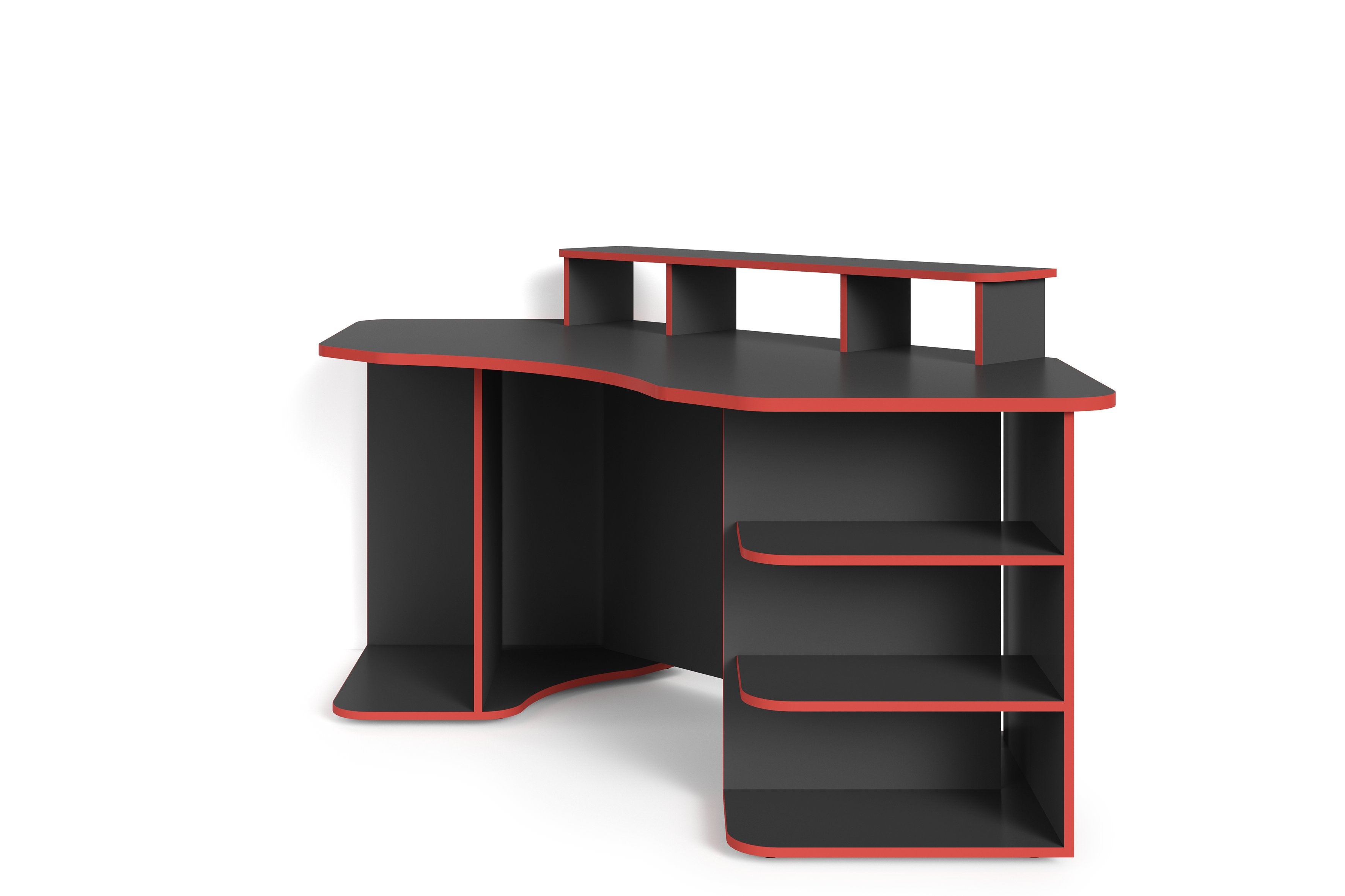 Schreibtisch THANATOS / Gaming-Tisch in Schwarz mit Kanten in rot, weiß oder schwarz / Eck-Schreibtisch mit viel Stauraum und XXL Tischplatte / Computer-Tisch / mit Ausatz / 198x76x85cm (BxHxT)