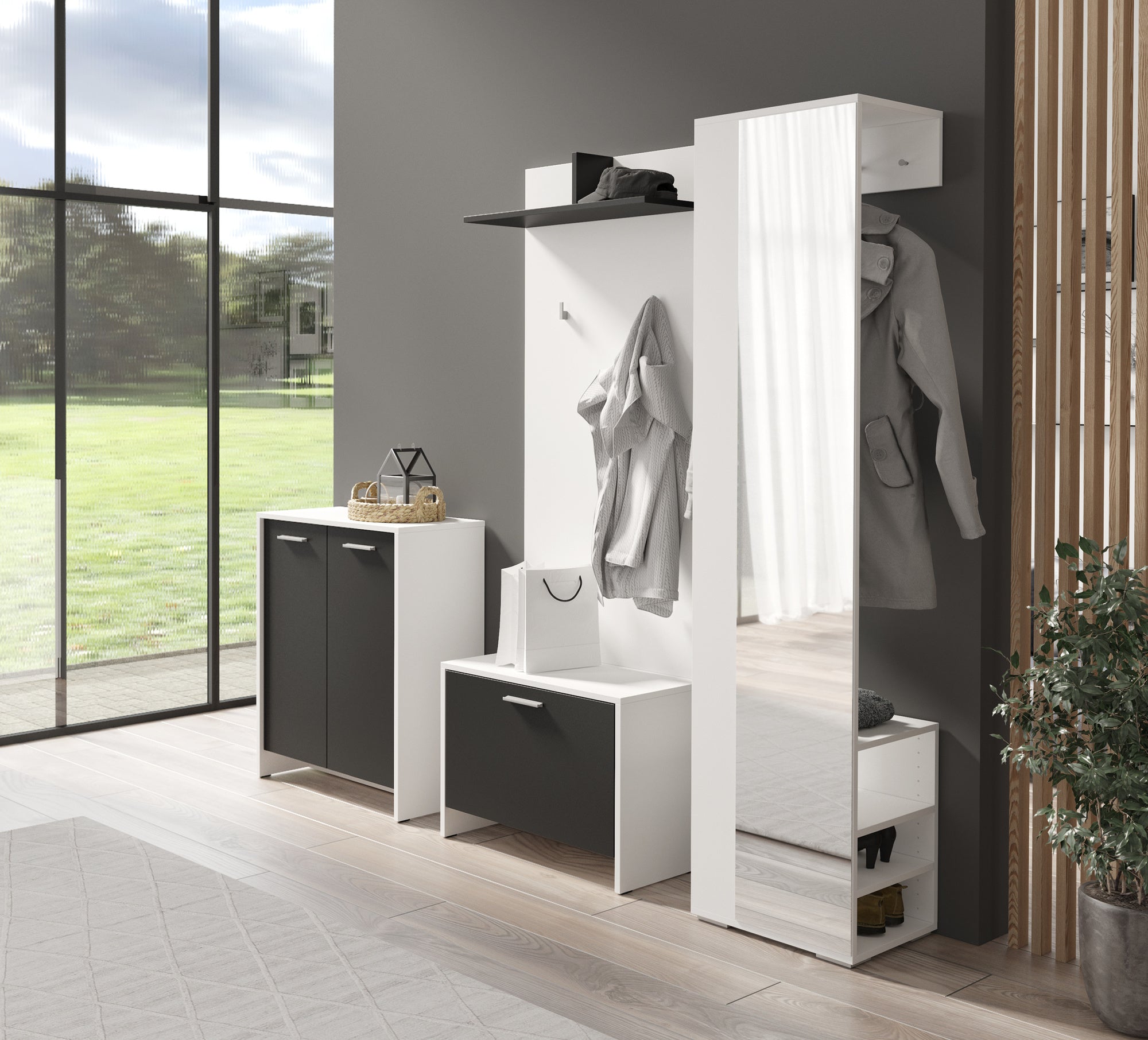 Flurgarderobe BEN / Garderobe Artisan Eiche (Eiche-Optik), Old Wood (Altholz-Optik), weiß oder anthrazit / mit Spiegel / Spiegelschrank für den Flur mit Kleiderstange und Ablage / B 40, H 184, T 35 cm