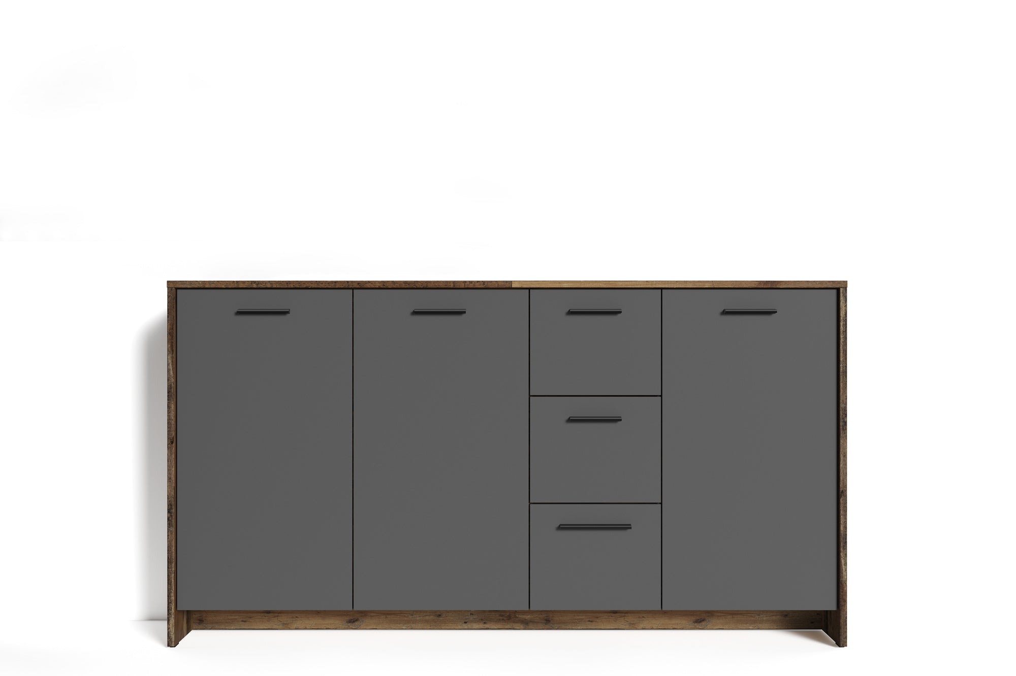 Kommode BEN / Sideboard mit 3 Türen und 3 Schubkasten / Schuhschrank in Old Wood-Optik mit Fronten in anthrazit / Schrank in Altholz-Optik / Griffe schwarz / B 153, H 83, T 35 cm
