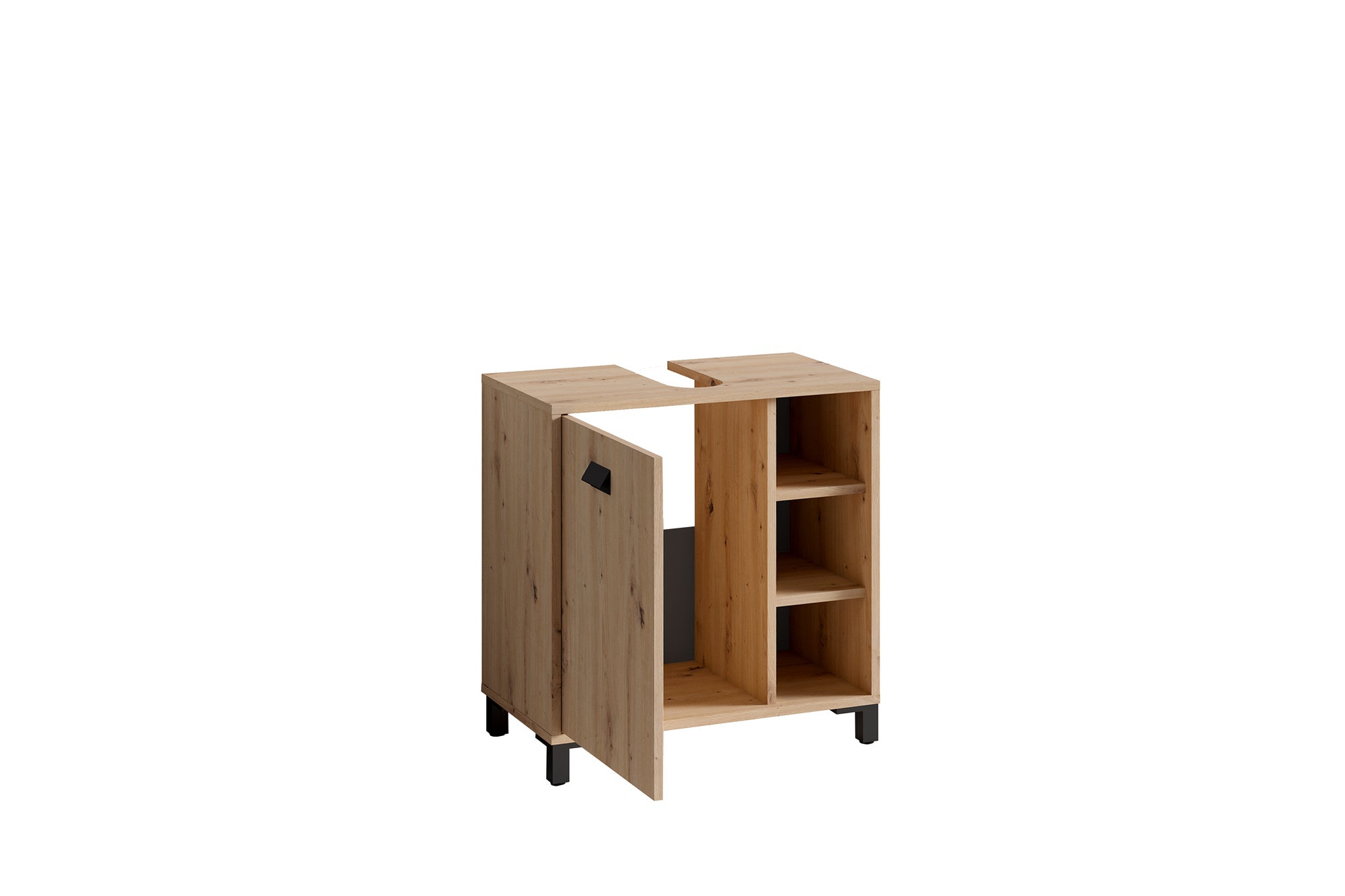 Waschbeckenunterschrank WELLNESS / Waschtisch Unterschrank stehend, in Artisan Eiche, Griff aus Metall in schwarz / 1-türig und drei offene Fächer / B 60, H 62, T 34 cm