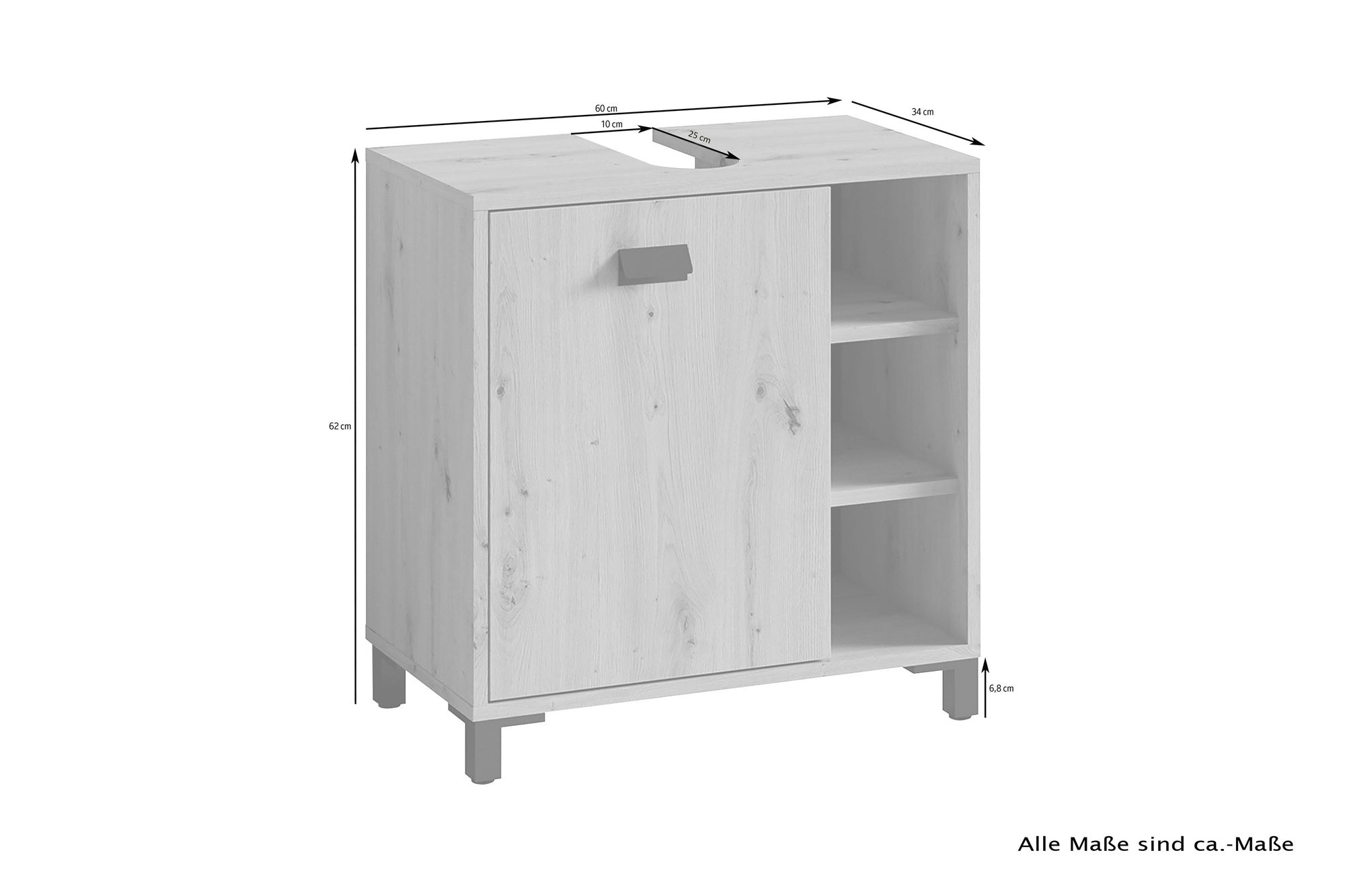 Waschbeckenunterschrank WELLNESS / Waschtisch Unterschrank stehend, in Artisan Eiche, Griff aus Metall in schwarz / 1-türig und drei offene Fächer / B 60, H 62, T 34 cm