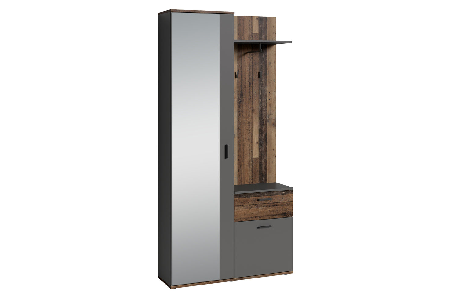 Kompakt-Garderobe JAKOB / in Old Wood (Altholz-Optik), Artisan Eiche (Eiche-Optik) oder weiß / Garderobe mit großer Spiegeltür / Fest montiertes Set / Kommode / Schuh-Schrank / B 97, H 195, T 30 cm