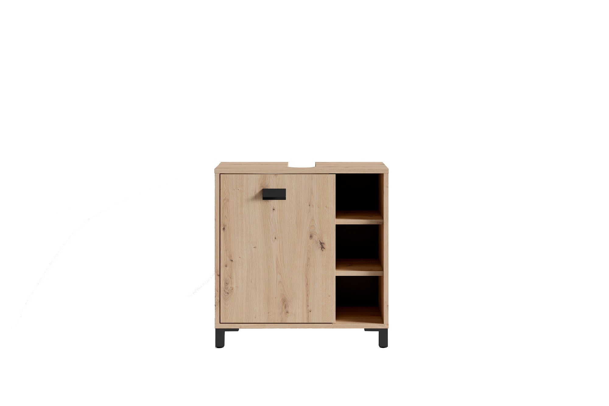 Waschbeckenunterschrank WELLNESS / Waschtisch Unterschrank stehend, in Artisan Eiche, Griff aus Metall in schwarz / 1-türig und drei offene Fächer / B 60, H 62, T 34 cm