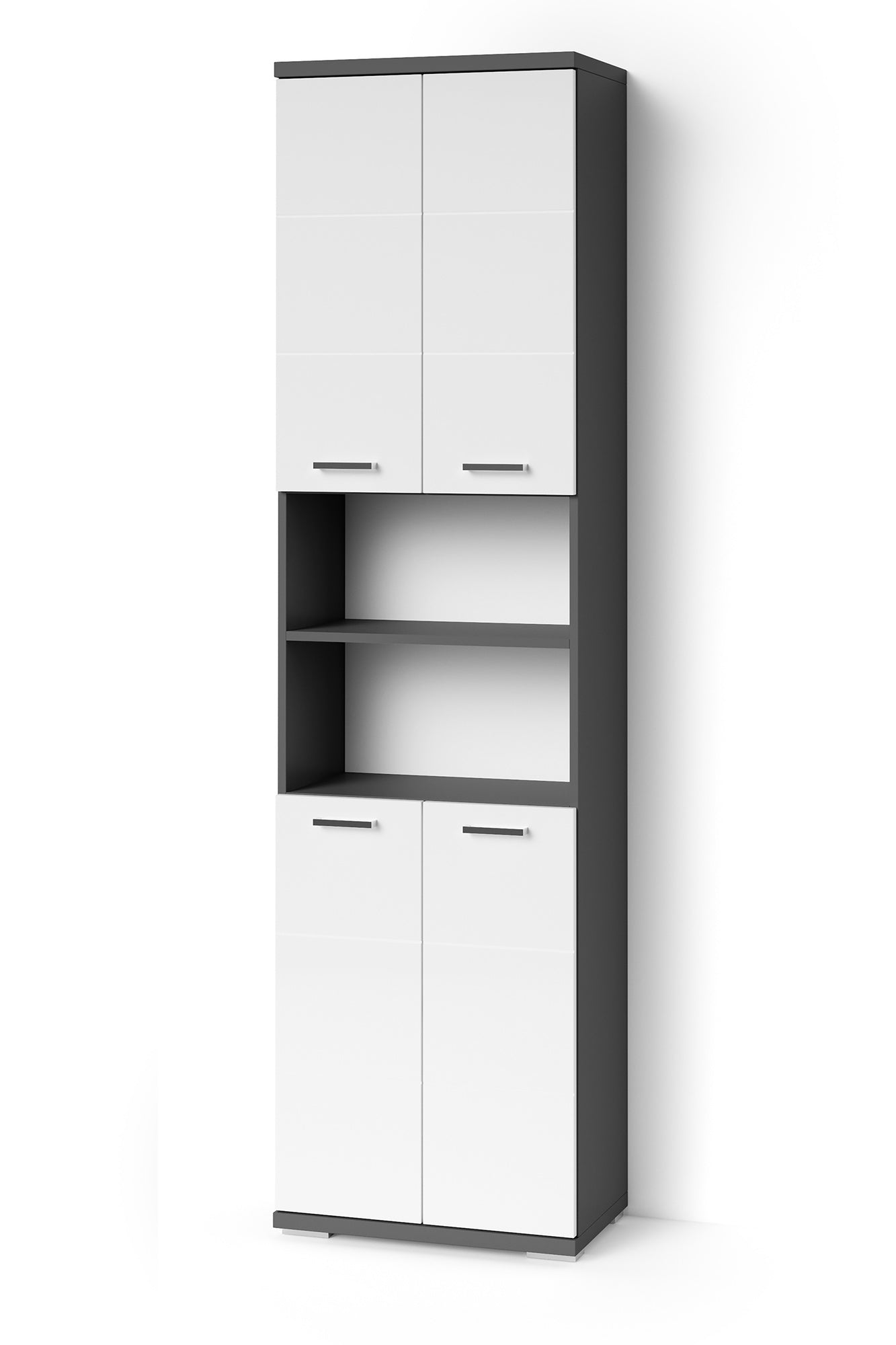Badezimmer-Hochschrank NEBRASKA / in anthrazit, Sonoma Eiche (Eiche-Optik) oder weiß / B 50, H 192, T 31,5 cm / 4 Türen mit offenen Elementen & viel Stauraum
