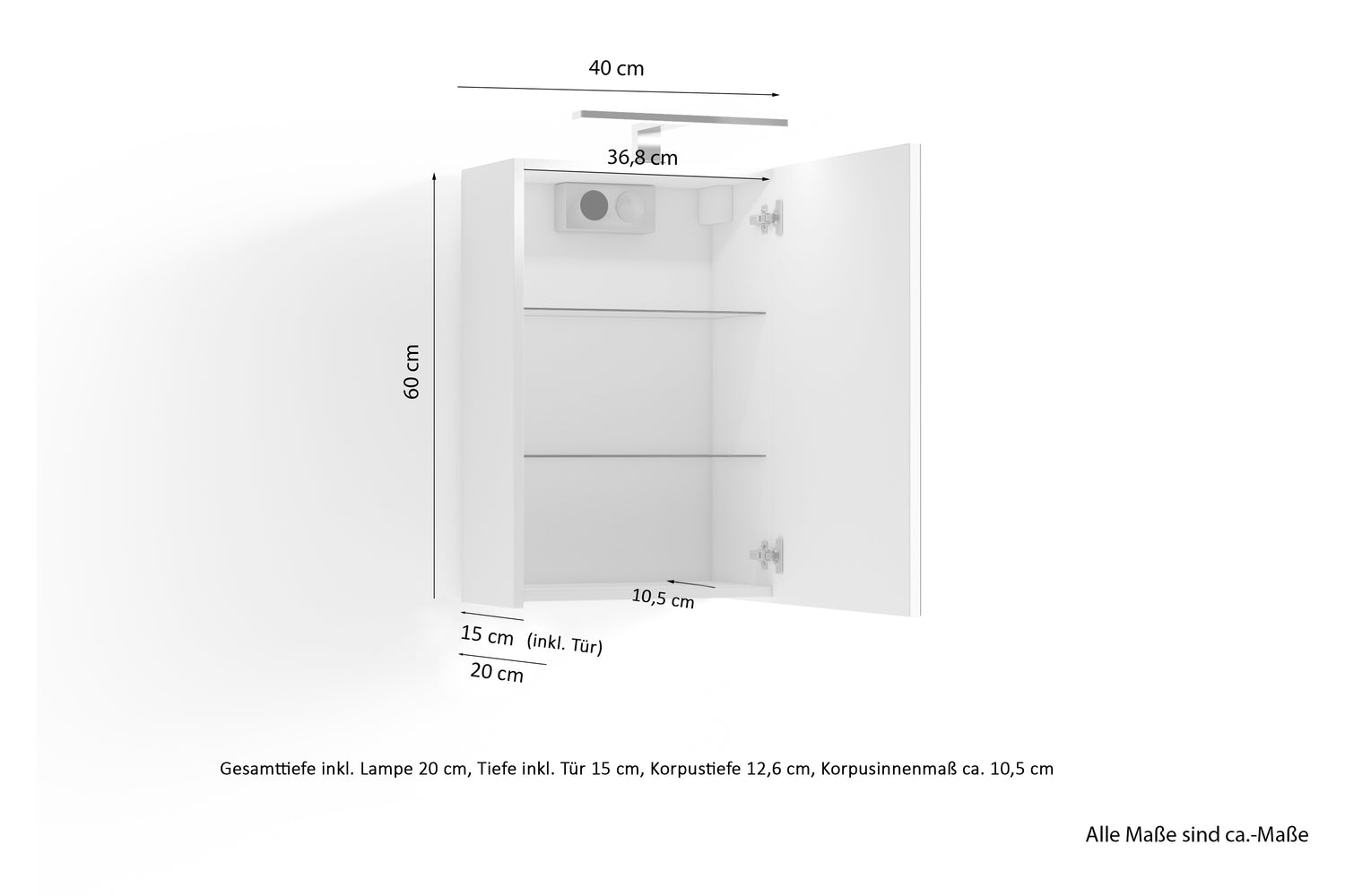 Spiegelschrank SPREE / Korpus matt weiß oder anthrazit mit Spiegeltüren / Hängeschrank mit Soft-Close-Funktion / Inklusive LED-Beleuchtung / Badschrank mit Stecker- und Schalterdose / B 40, H 60, T 20 cm