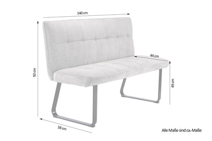 Bank Talea / Moderne Sitzbank mit einem Webstoff-Bezug in dunkelgrau oder hellgrau / Metall Gestell schwarz pulverbeschichtet / Bank mit Rückenlehne / B 140 oder 160, H 92, T 59 cm