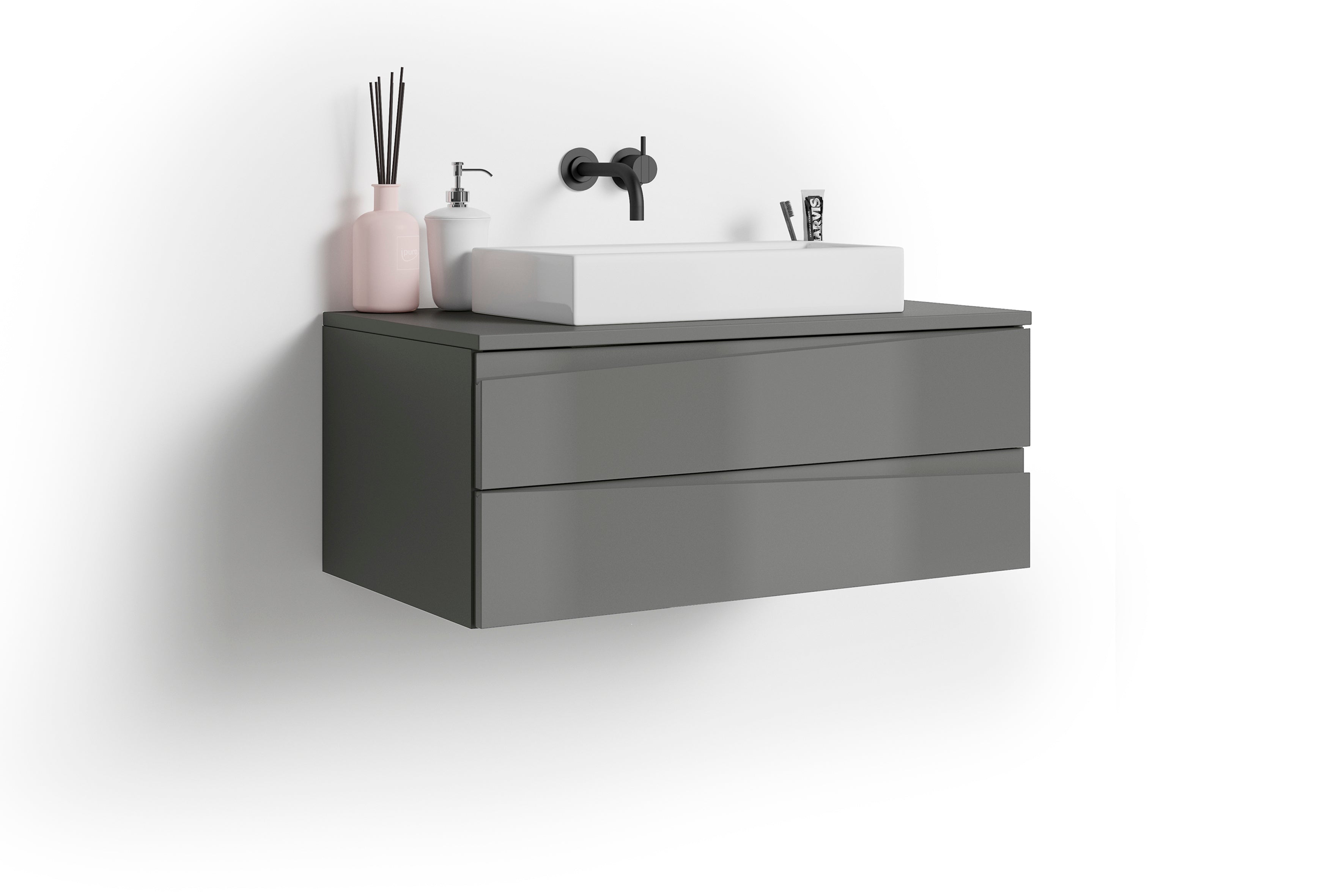 Waschtisch SHAPE / Moderne Bad Kommode / in weiß, anthrazit oder Artisan Eiche (Eiche-Optik) / 2 Schubladen mit gefräster Griffleiste / Schrank / 80 x 33 x 46 cm (BxHxT)