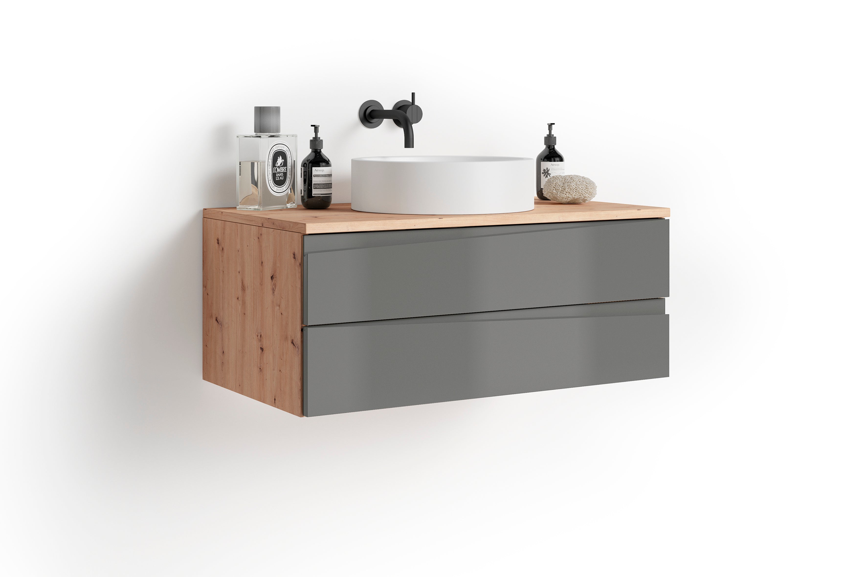 Waschtisch SHAPE / Moderne Bad Kommode / in weiß, anthrazit oder Artisan Eiche (Eiche-Optik) / 2 Schubladen mit gefräster Griffleiste / Schrank / 80 x 33 x 46 cm (BxHxT)