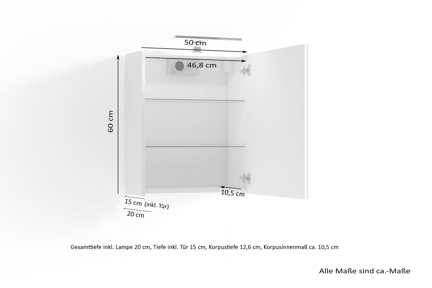 Spiegelschrank SPREE / Korpus matt weiß oder anthrazit mit Spiegeltüren / Hängeschrank mit Soft-Close-Funktion / Inklusive LED-Beleuchtung / Badschrank mit Stecker- und Schalterdose / B 50, H 60, T 20 cm