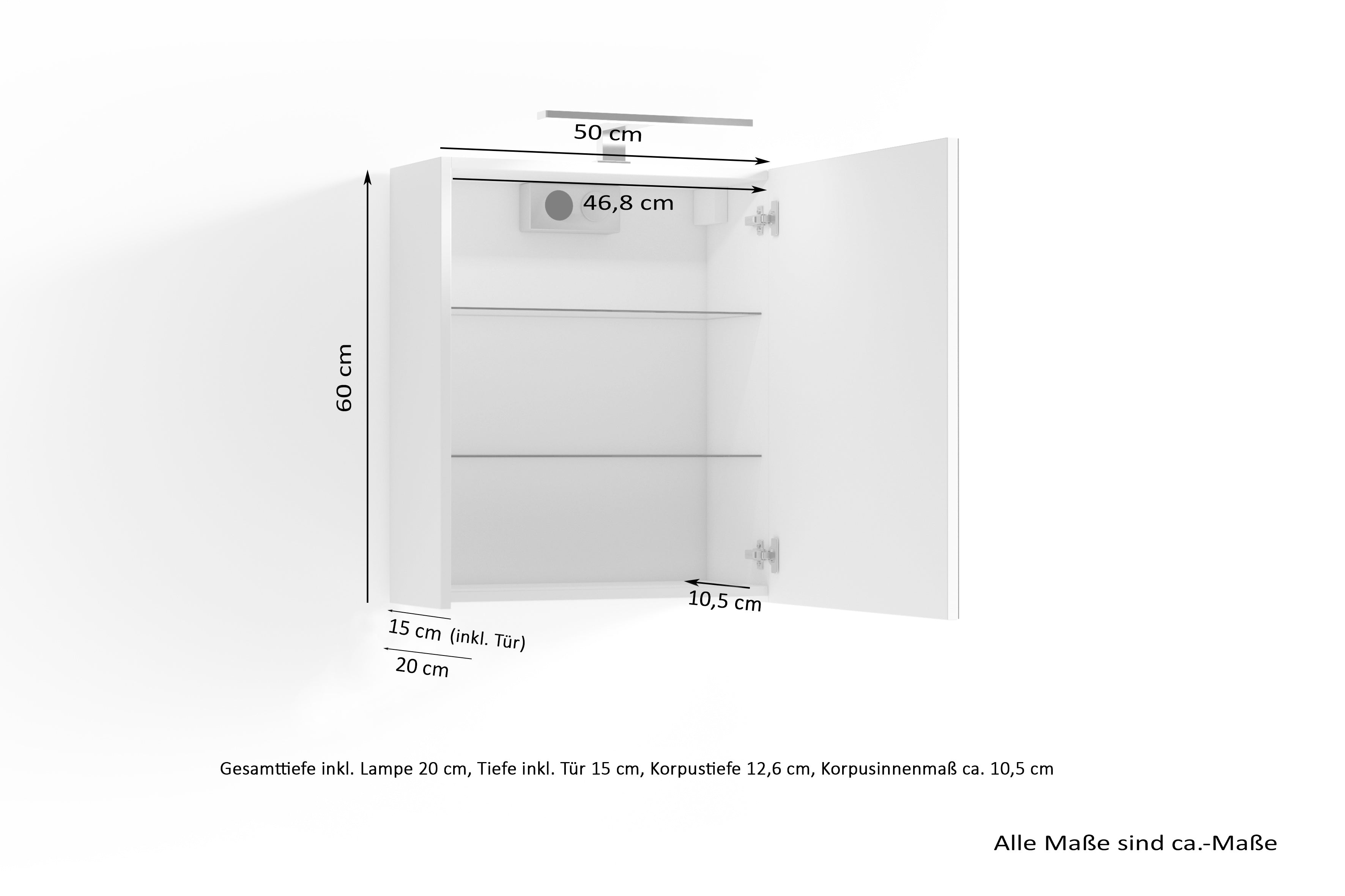 Spiegelschrank SPREE / Korpus matt weiß oder anthrazit mit Spiegeltüren / Hängeschrank mit Soft-Close-Funktion / Inklusive LED-Beleuchtung / Badschrank mit Stecker- und Schalterdose / B 50, H 60, T 20 cm