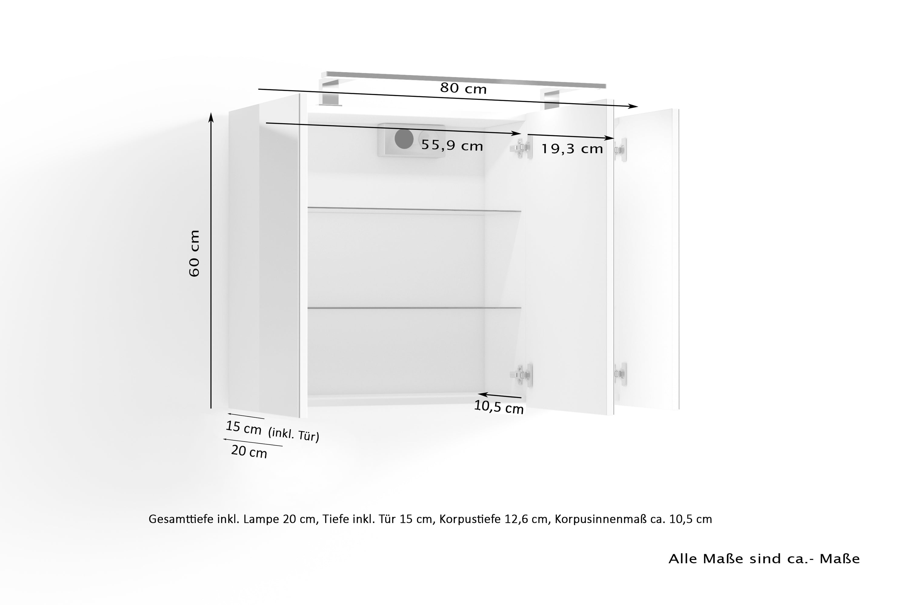 Spiegelschrank SPREE / Korpus matt weiß oder anthrazit mit Spiegeltüren / Hängeschrank mit Soft-Close-Funktion / Inklusive LED-Beleuchtung / Badschrank mit Stecker- und Schalterdose / B 80, H 60, T 20 cm