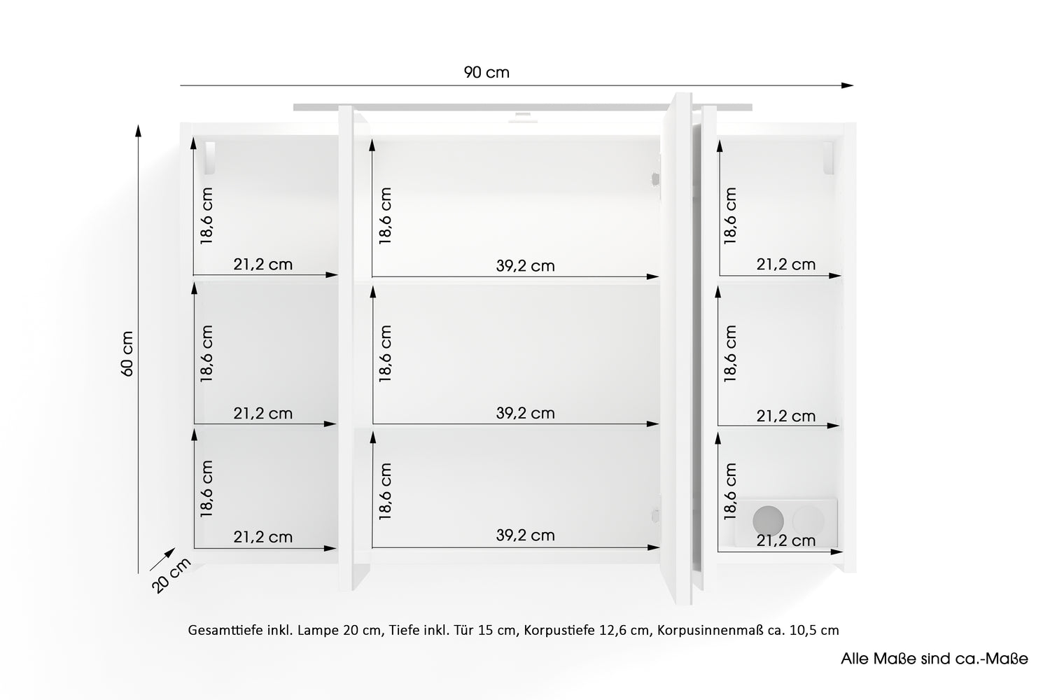byLIVING Spiegelschrank SPREE / Korpus matt weiß oder anthrazit mit Spiegeltüren / Hängeschrank mit Soft-Close-Funktion / Inklusive LED-Beleuchtung / Badschrank mit Stecker- und Schalterdose / B 90, H 60, T 20 cm