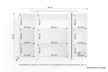byLIVING Spiegelschrank SPREE / Korpus matt weiß oder anthrazit mit Spiegeltüren / Hängeschrank mit Soft-Close-Funktion / Inklusive LED-Beleuchtung / Badschrank mit Stecker- und Schalterdose / B 90, H 60, T 20 cm