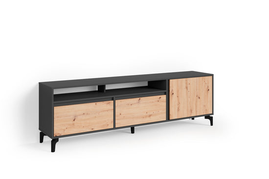 TV-Board BLACKWOOD / Lowboard Anthrazit mit Absetzung in Artisan Eiche / Fernsehtisch mit 2 Klappen und 1 Tür / B 190, H 58, T 38 cm