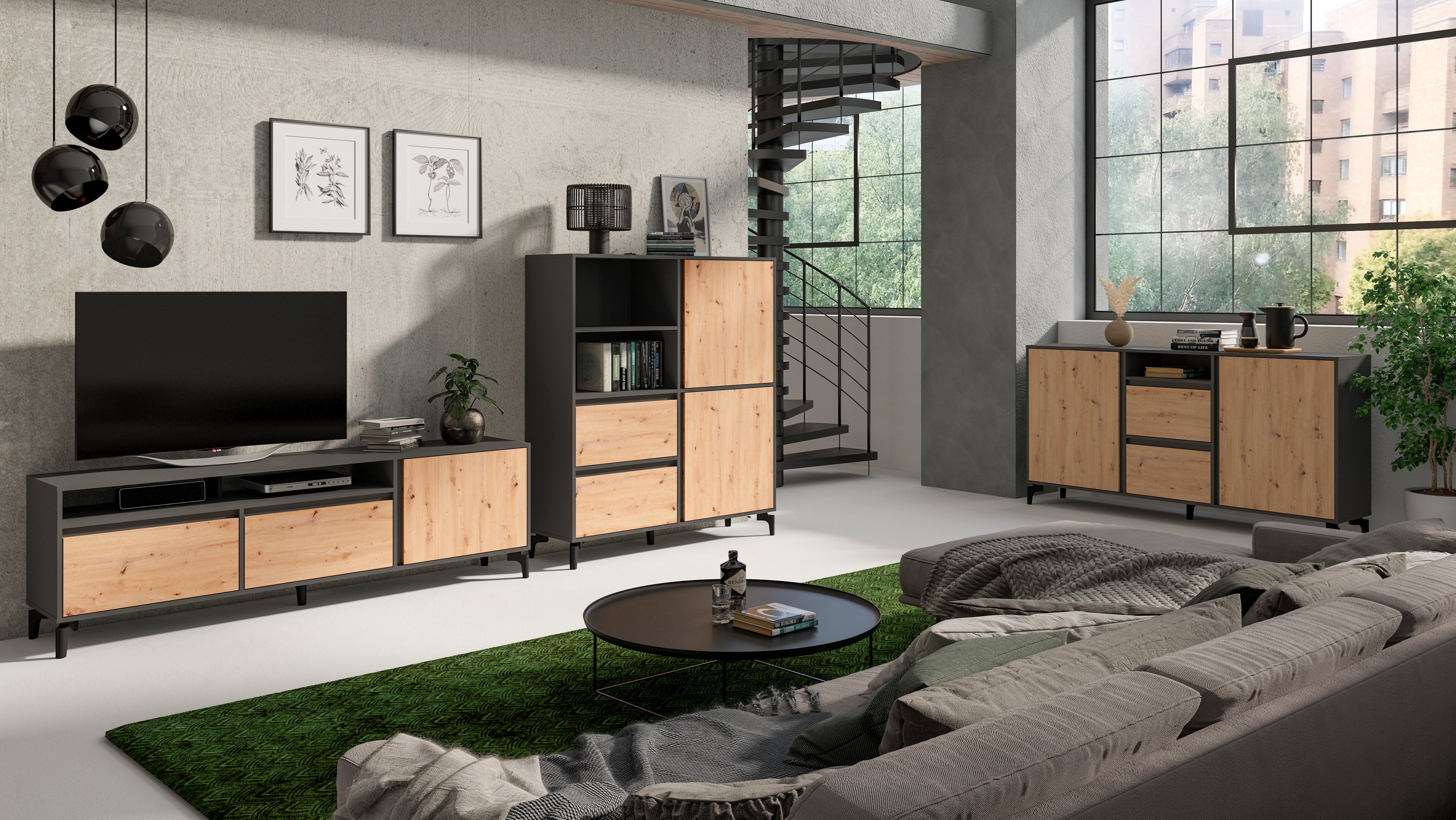 TV-Board BLACKWOOD / Lowboard Anthrazit mit Absetzung in Artisan Eiche / Fernsehtisch mit 2 Klappen und 1 Tür / B 190, H 58, T 38 cm