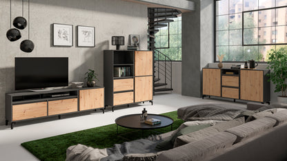 TV-Board BLACKWOOD / Lowboard Anthrazit mit Absetzung in Artisan Eiche / Fernsehtisch mit 2 Klappen und 1 Tür / B 190, H 58, T 38 cm