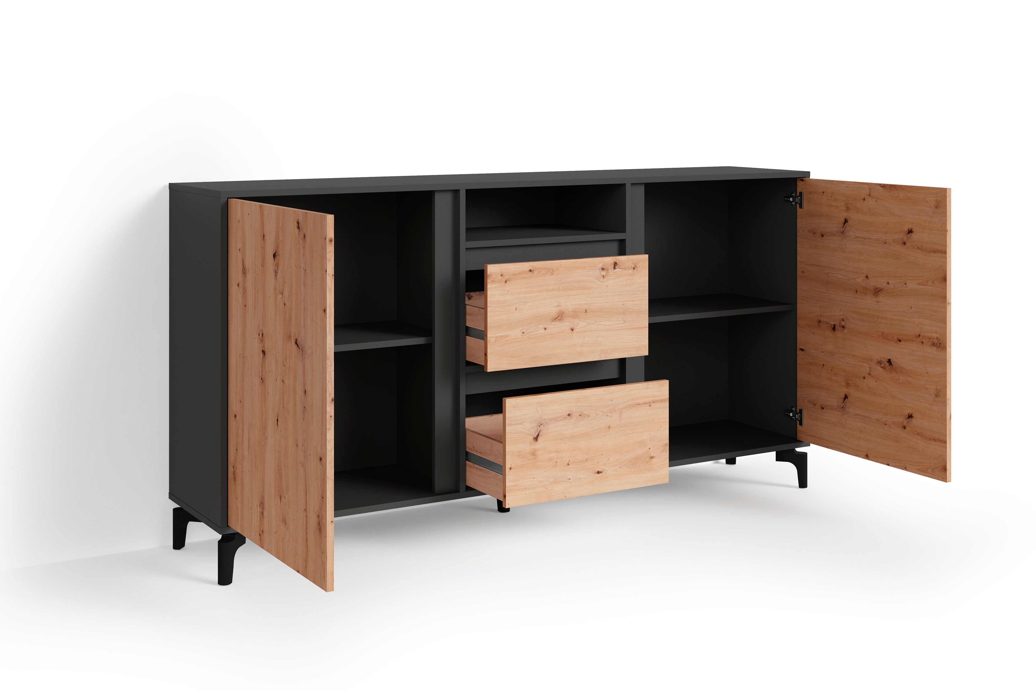 Sideboard BLACKWOOD / Anthrazit mit Absetzung in Artisan Eiche / Kommode mit 2 Türen, 2 Schubkästen und 1 Fach / B 180, H 92, T 38 cm