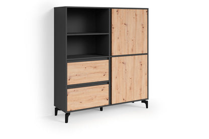 Highboard BLACKWOOD / Highboard Anthrazit mit Absetzung in Artisan Eiche / Wohnzimmerschrank mit 2 Türen, 2 Schubkästen und 1 offenem Fach / B 126, H 141, T 38 cm
