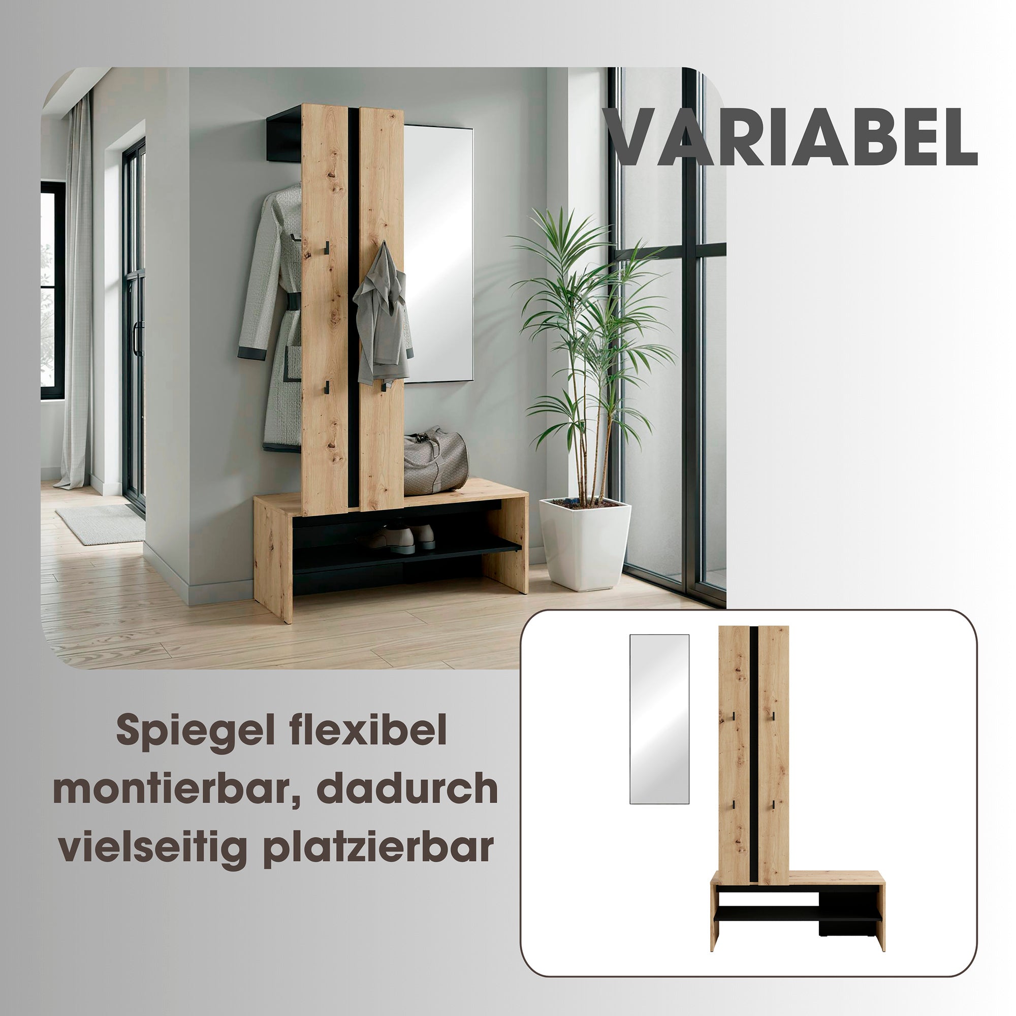 Kompaktgarderobe NANTE / Artisan Eiche (Eiche-Optik) oder weiß, Absetzung in schwarz / Spiegel, Kleiderstange, offene Fächer / Garderobenmöbel / Flurgarderobe / Maße: B 100, H 186, T 40 cm