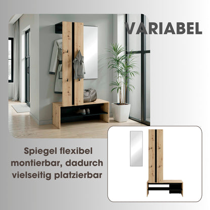 byLIVING Kompaktgarderobe NANTE / Artisan Eiche (Eiche-Optik) oder weiß, Absetzung in schwarz / Spiegel, Kleiderstange, offene Fächer / Garderobenmöbel / Flurgarderobe / Maße: B 100, H 186, T 40 cm