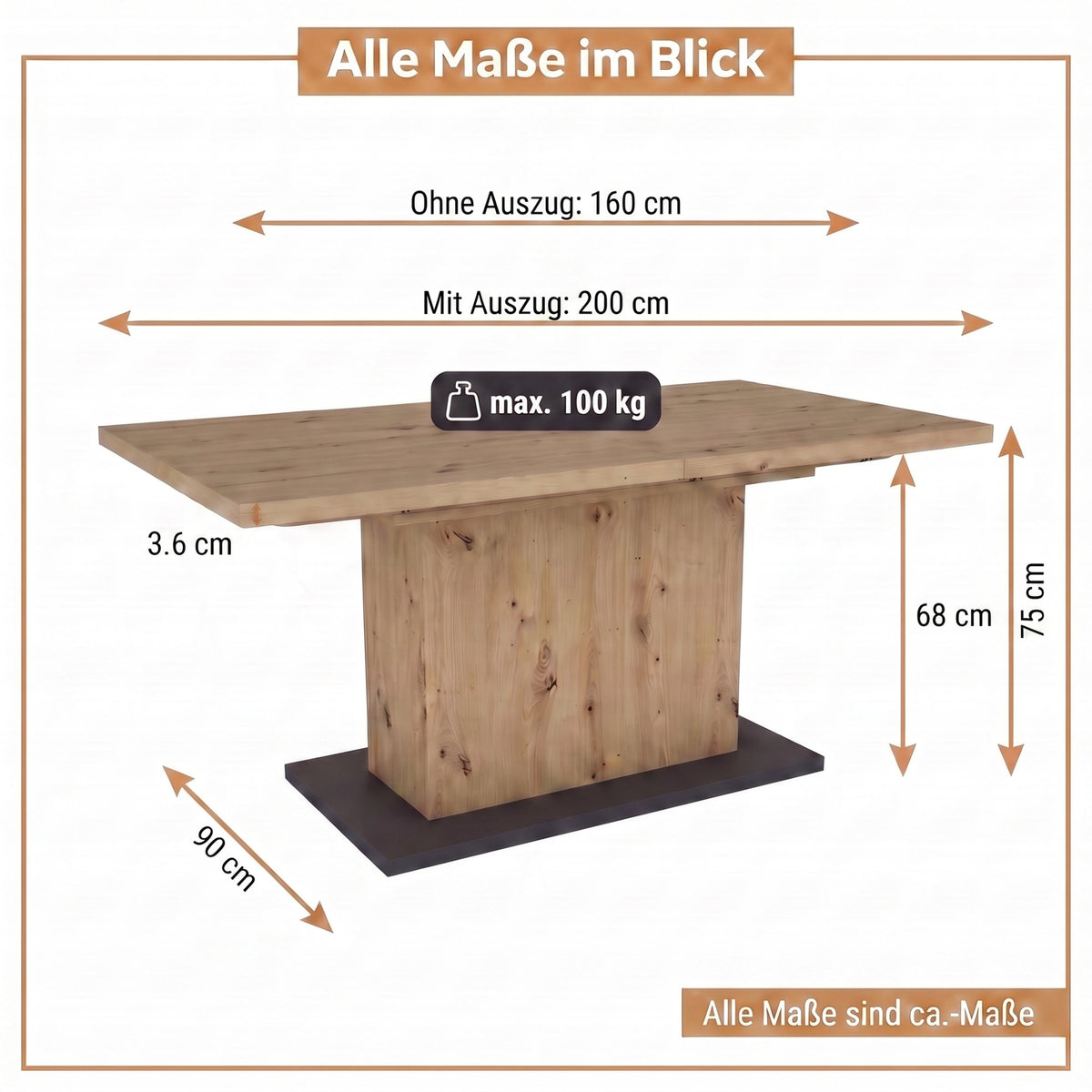Esstisch Athen 160 cm mit Auszug Artisan Eiche Optik 