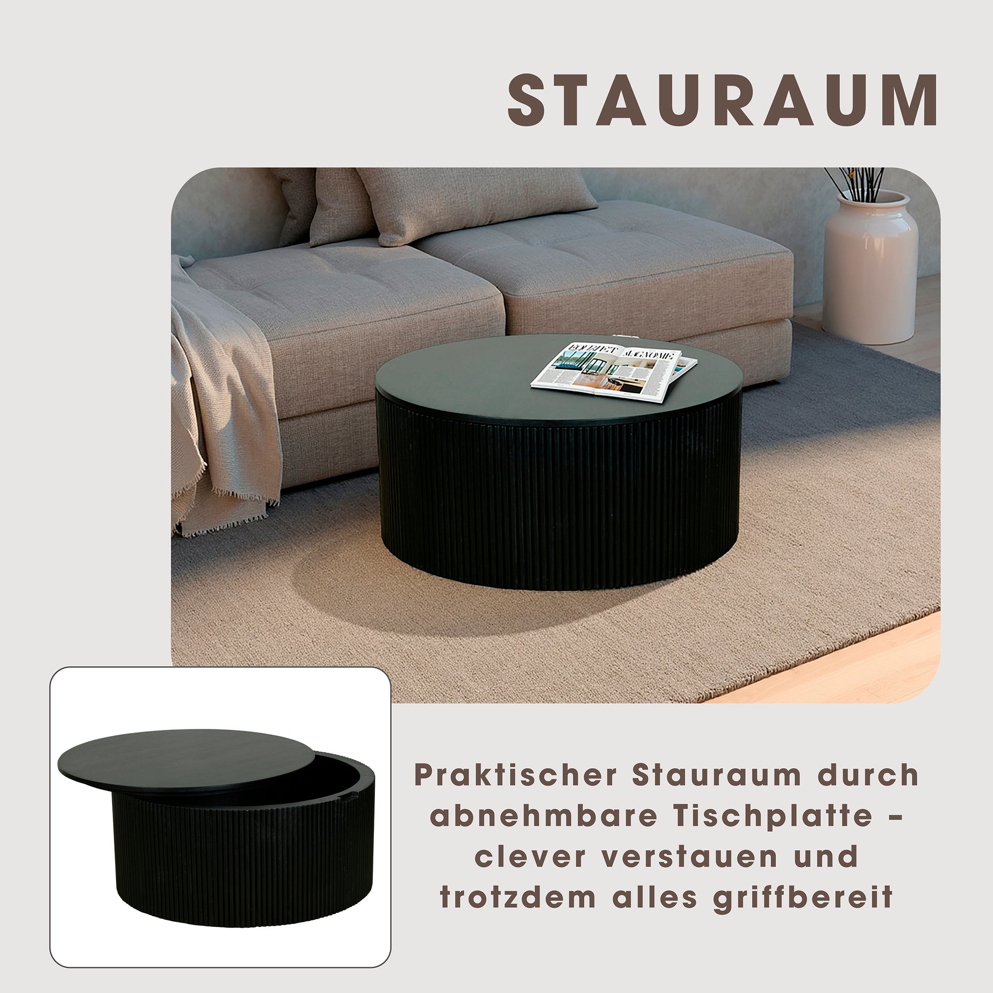 Couchtisch OWEN / Tischplatte und Gestell in schwarz / Wohnzimmertisch / Kaffeetisch / Maße: D 80, H 36 cm