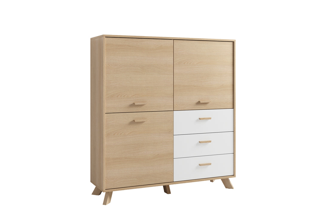 byLIVING Highboard BASTIAN / Eiche bianco, weiß / Griffe und Füße Massivholz Eiche / 3 Türen, 3 Schubladen / viel Stauraum / Kommode / Schrank / Maße: B 120, H 131, T 36,5 cm