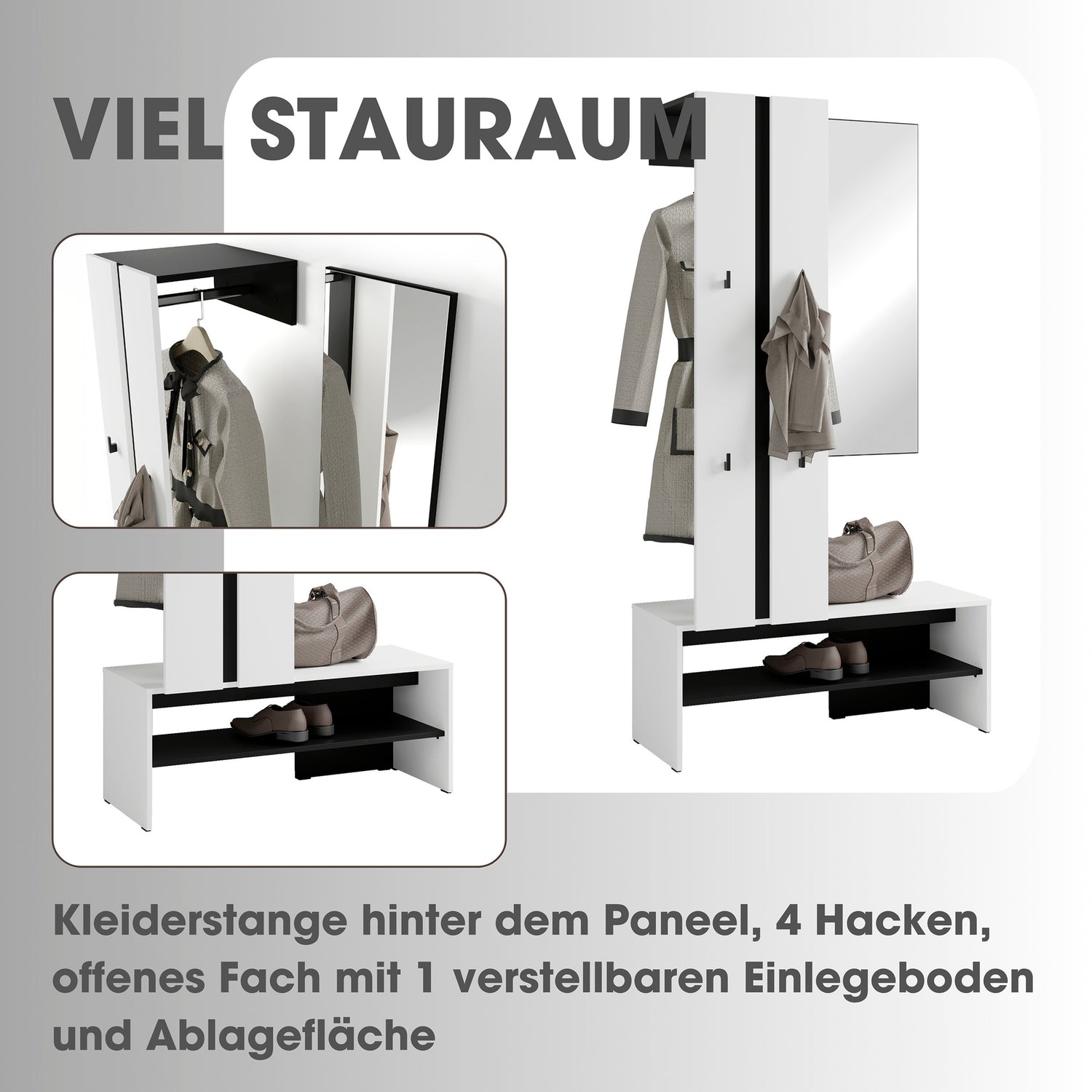 byLIVING Kompaktgarderobe NANTE / Artisan Eiche (Eiche-Optik) oder weiß, Absetzung in schwarz / Spiegel, Kleiderstange, offene Fächer / Garderobenmöbel / Flurgarderobe / Maße: B 100, H 186, T 40 cm