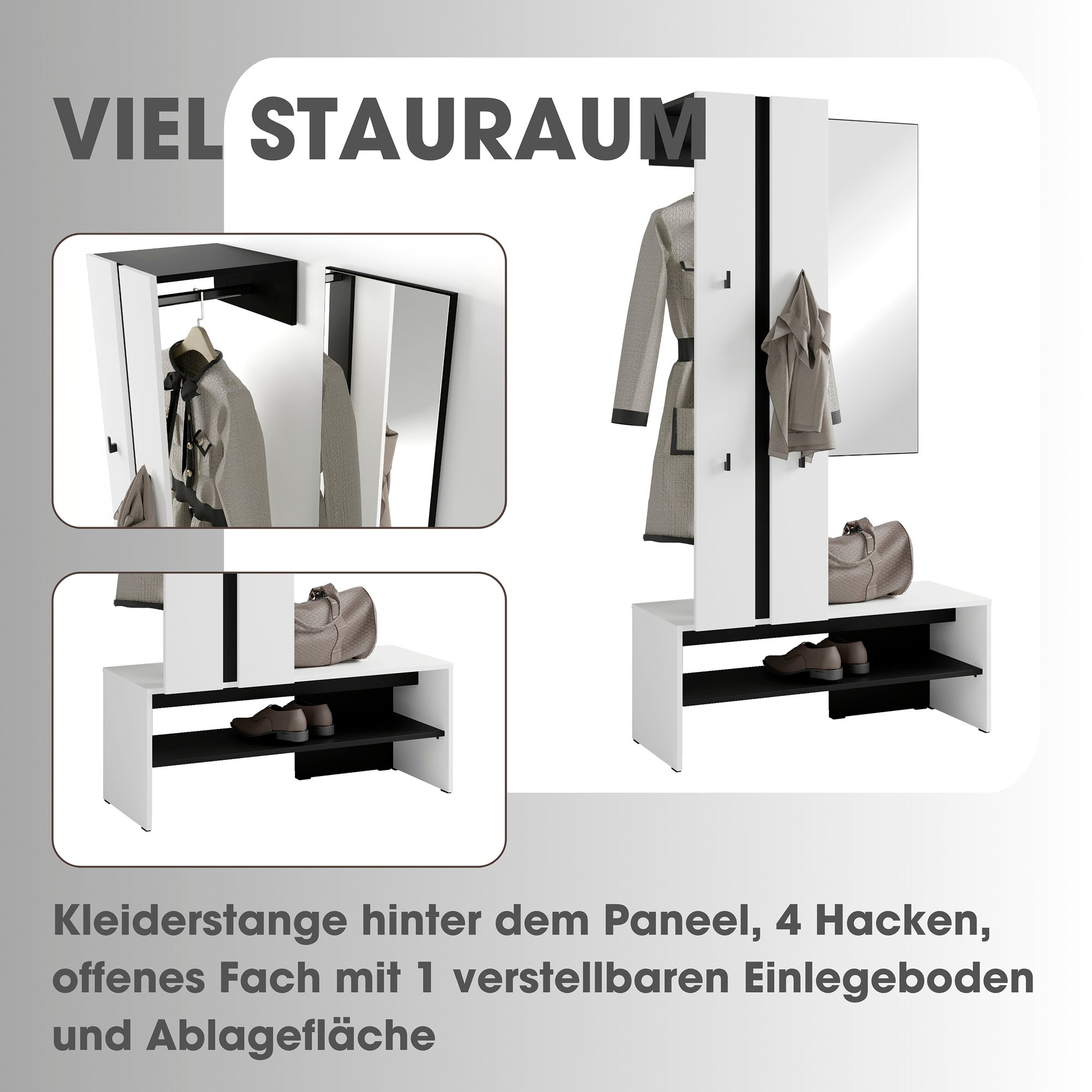 Kompaktgarderobe NANTE / Artisan Eiche (Eiche-Optik) oder weiß, Absetzung in schwarz / Spiegel, Kleiderstange, offene Fächer / Garderobenmöbel / Flurgarderobe / Maße: B 100, H 186, T 40 cm