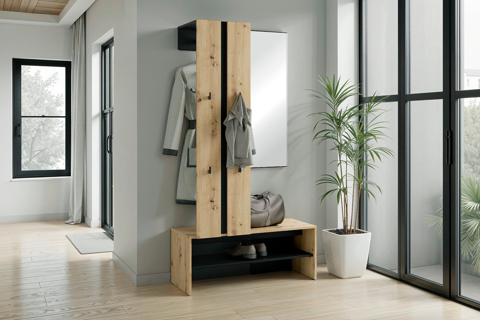 Kompaktgarderobe NANTE / Artisan Eiche (Eiche-Optik) oder weiß, Absetzung in schwarz / Spiegel, Kleiderstange, offene Fächer / Garderobenmöbel / Flurgarderobe / Maße: B 100, H 186, T 40 cm