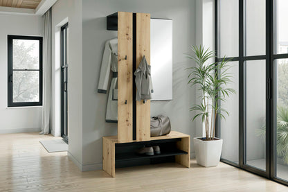 byLIVING Kompaktgarderobe NANTE / Artisan Eiche (Eiche-Optik) oder weiß, Absetzung in schwarz / Spiegel, Kleiderstange, offene Fächer / Garderobenmöbel / Flurgarderobe / Maße: B 100, H 186, T 40 cm