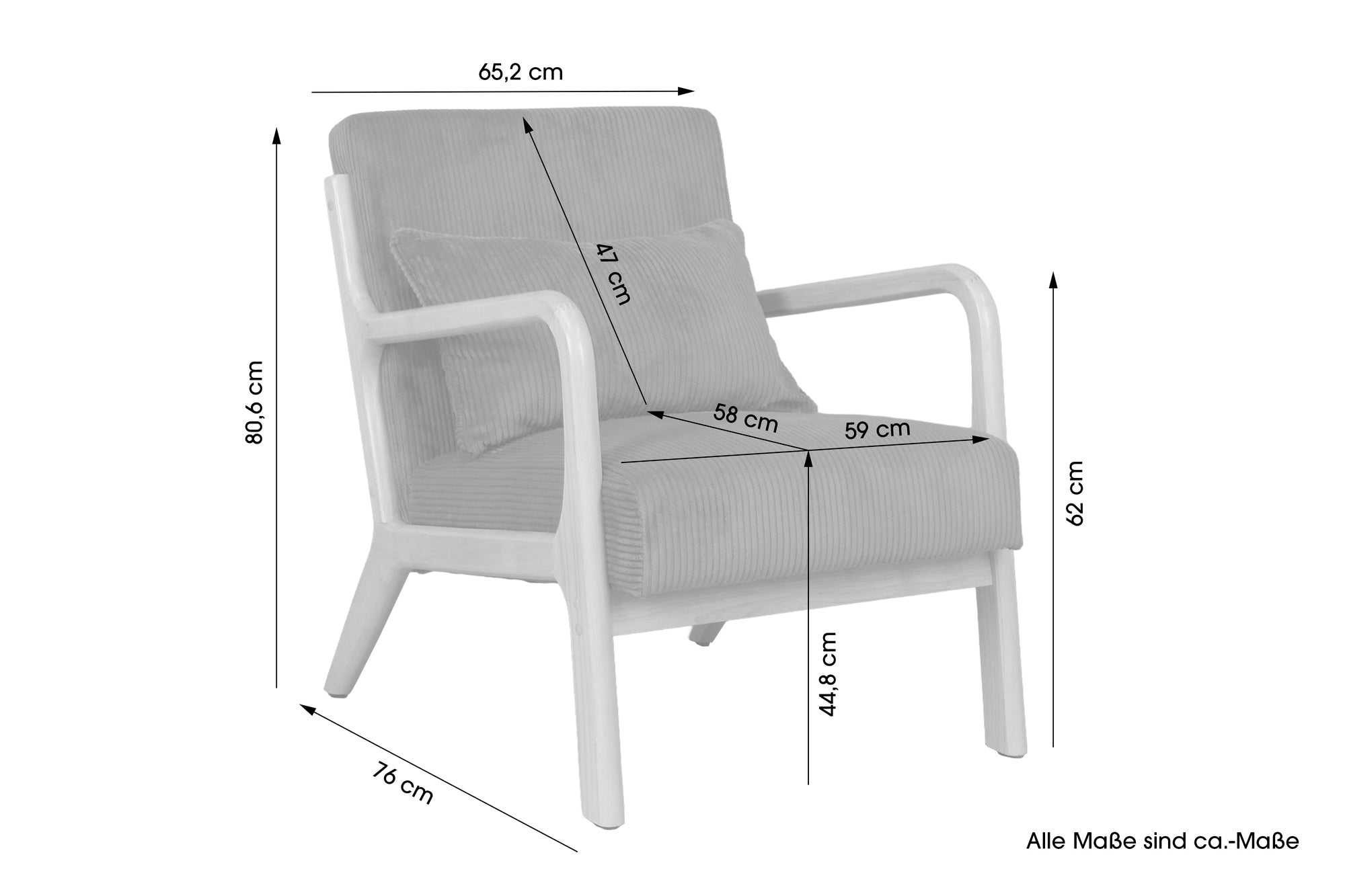byLIVING Sessel NOHR / Grob-Cord off-white oder grau / Gestell und Armlehnen Massivholz natur / B 65,5, H 78, T 84 cm