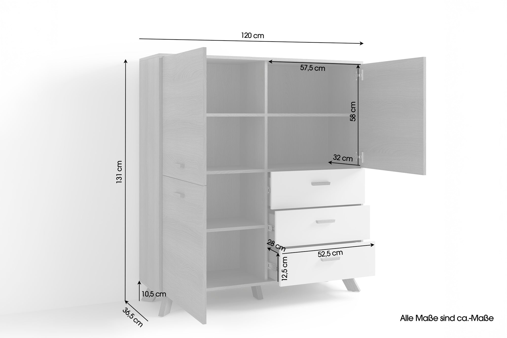 Highboard BASTIAN / Eiche bianco, weiß / Griffe und Füße Massivholz Eiche / 3 Türen, 3 Schubladen / viel Stauraum / Kommode / Schrank / Maße: B 120, H 131, T 36,5 cm