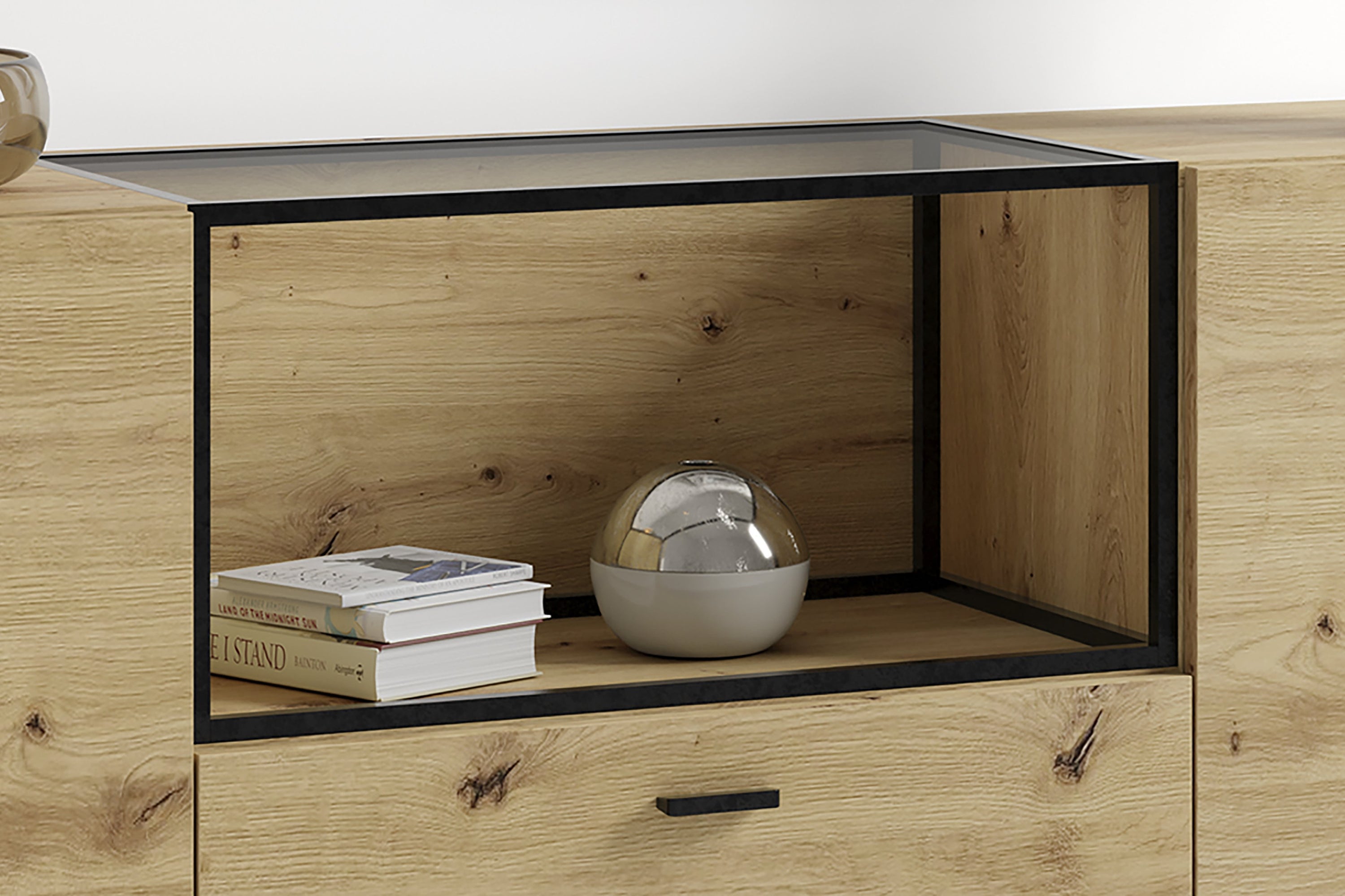 Sideboard FRAME / Artisan Eiche (Eiche-Optik) / Fach mit Metallrahmen und Glasablage, verstellbare Böden / Anrichte / Kommode / Maße: B 200, H 75,5, T 37,5 cm