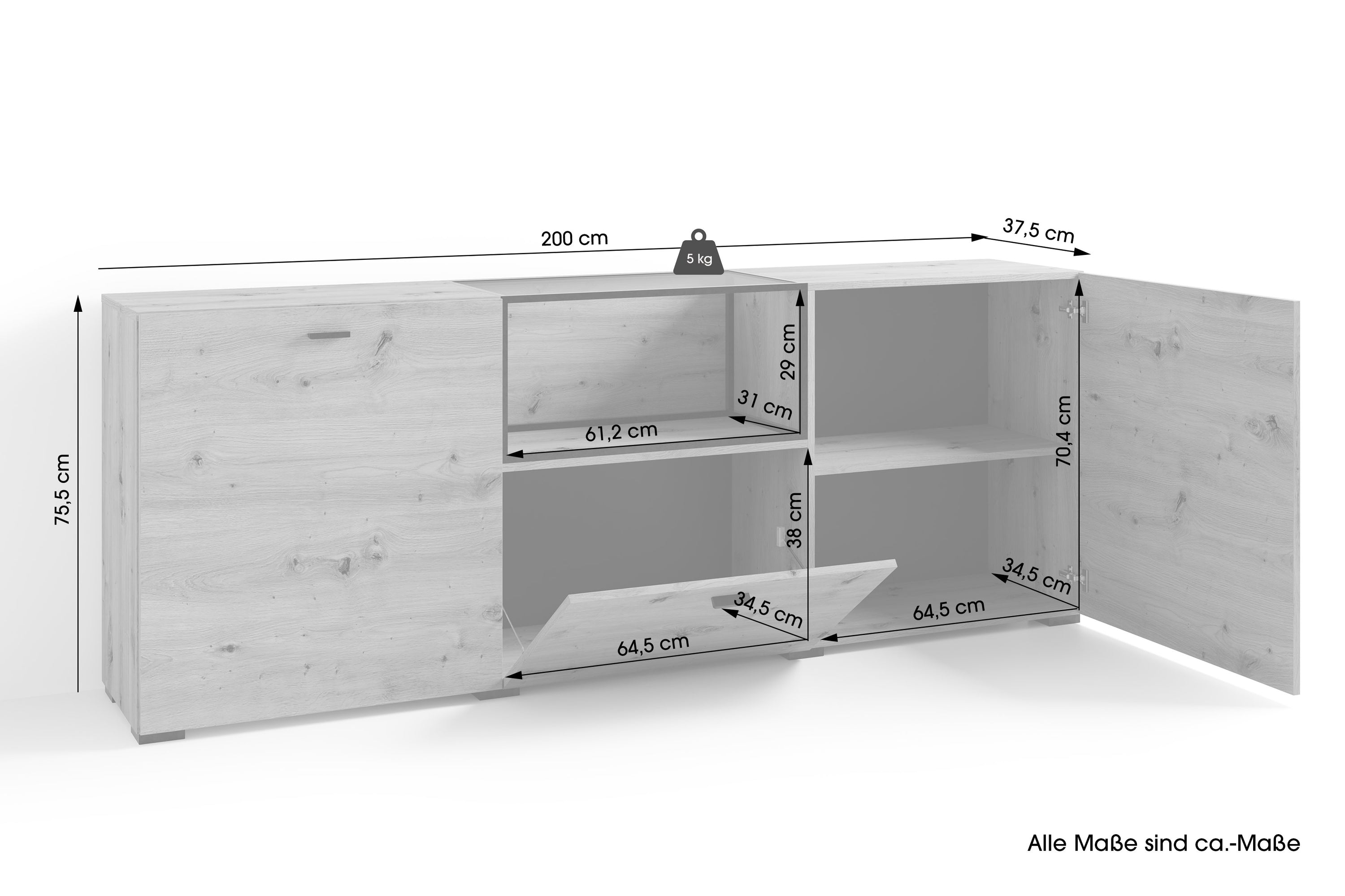 Sideboard FRAME / Artisan Eiche (Eiche-Optik) / Fach mit Metallrahmen und Glasablage, verstellbare Böden / Anrichte / Kommode / Maße: B 200, H 75,5, T 37,5 cm
