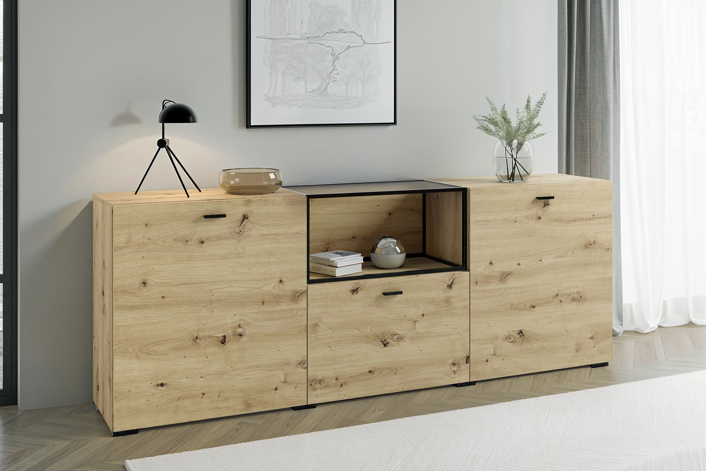 Sideboard FRAME / Artisan Eiche (Eiche-Optik) / Fach mit Metallrahmen und Glasablage, verstellbare Böden / Anrichte / Kommode / Maße: B 200, H 75,5, T 37,5 cm