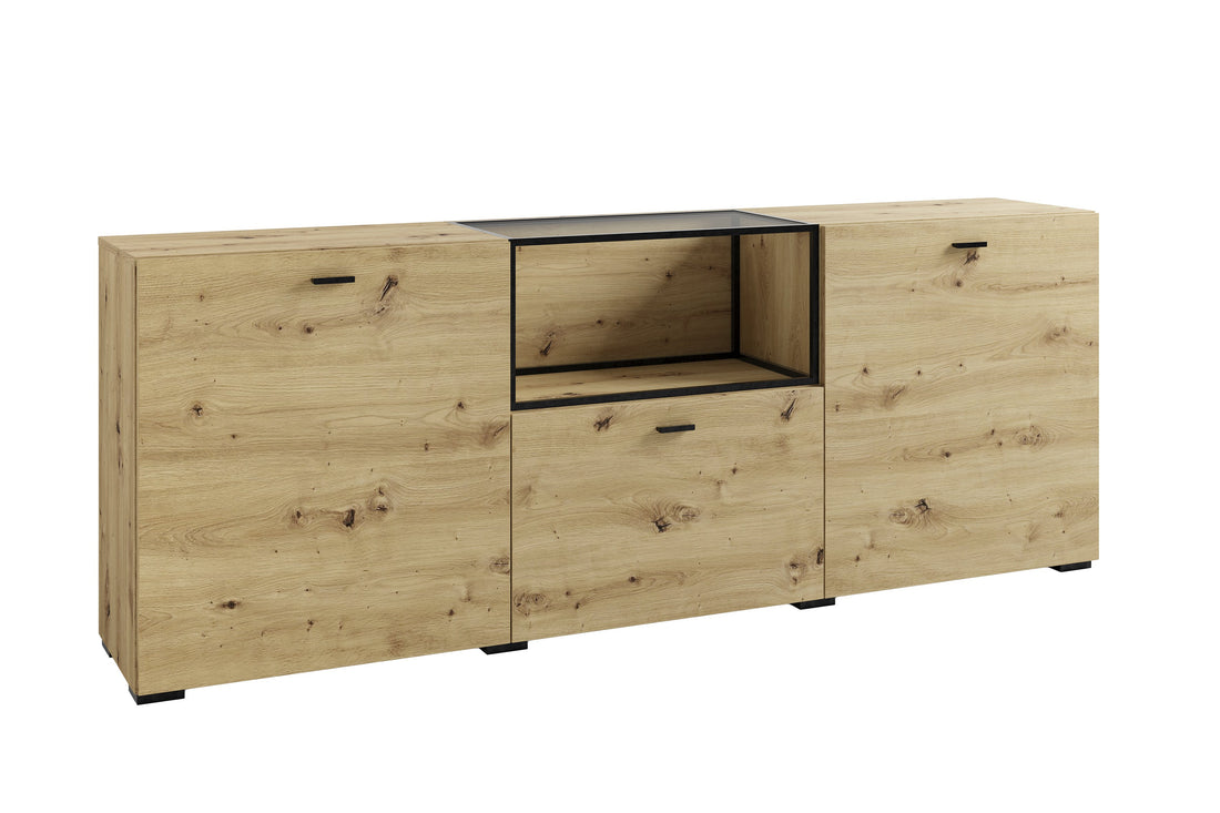byLIVING Sideboard FRAME / Artisan Eiche (Eiche-Optik) / Fach mit Metallrahmen und Glasablage, verstellbare Böden / Anrichte / Kommode / Maße: B 200, H 75,5, T 37,5 cm