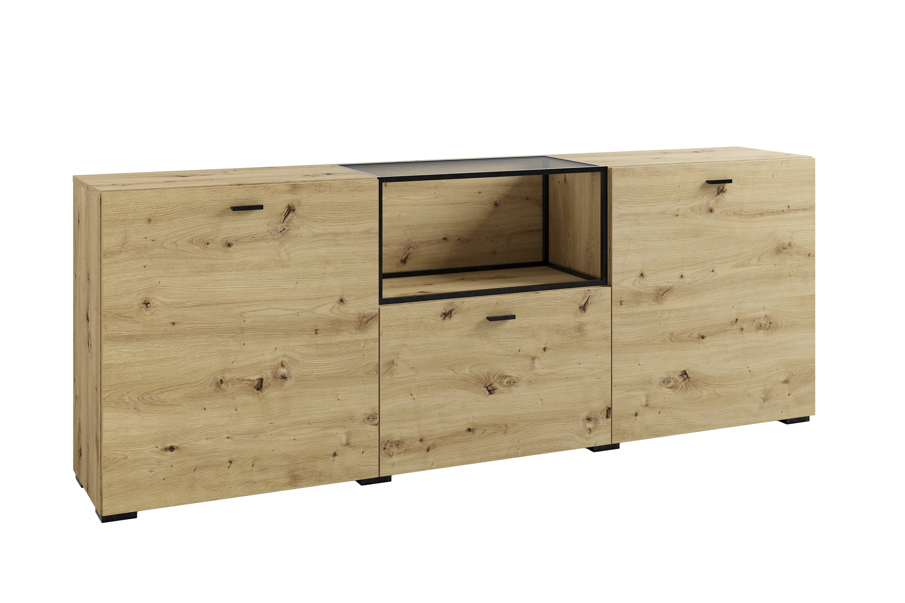 Sideboard FRAME / Artisan Eiche (Eiche-Optik) / Fach mit Metallrahmen und Glasablage, verstellbare Böden / Anrichte / Kommode / Maße: B 200, H 75,5, T 37,5 cm