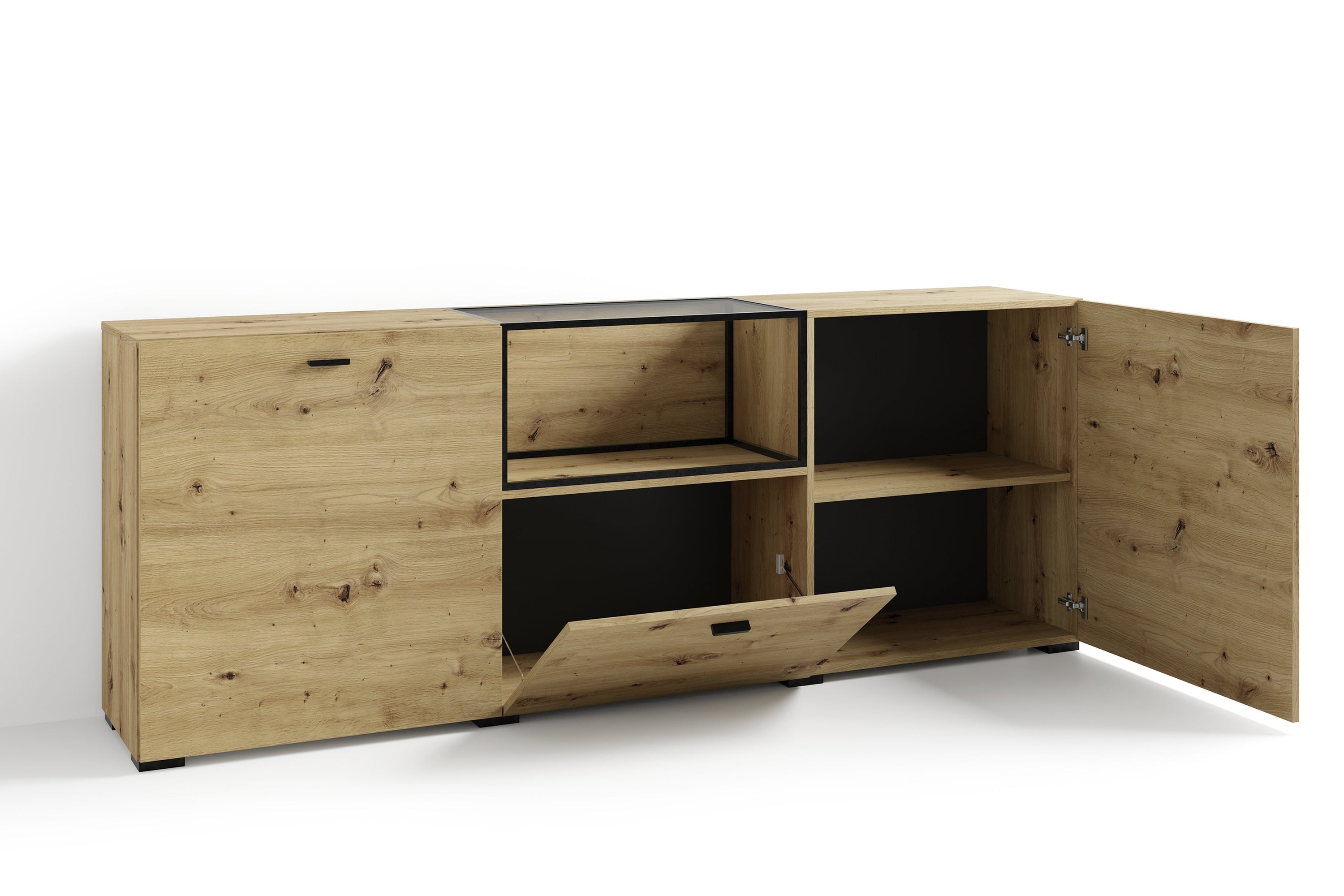 Sideboard FRAME / Artisan Eiche (Eiche-Optik) / Fach mit Metallrahmen und Glasablage, verstellbare Böden / Anrichte / Kommode / Maße: B 200, H 75,5, T 37,5 cm