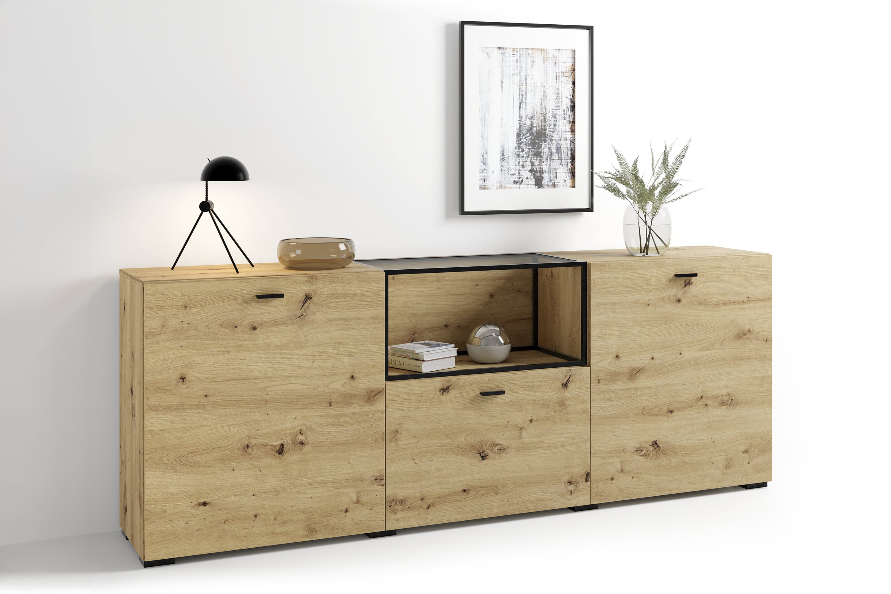 Sideboard FRAME / Artisan Eiche (Eiche-Optik) / Fach mit Metallrahmen und Glasablage, verstellbare Böden / Anrichte / Kommode / Maße: B 200, H 75,5, T 37,5 cm