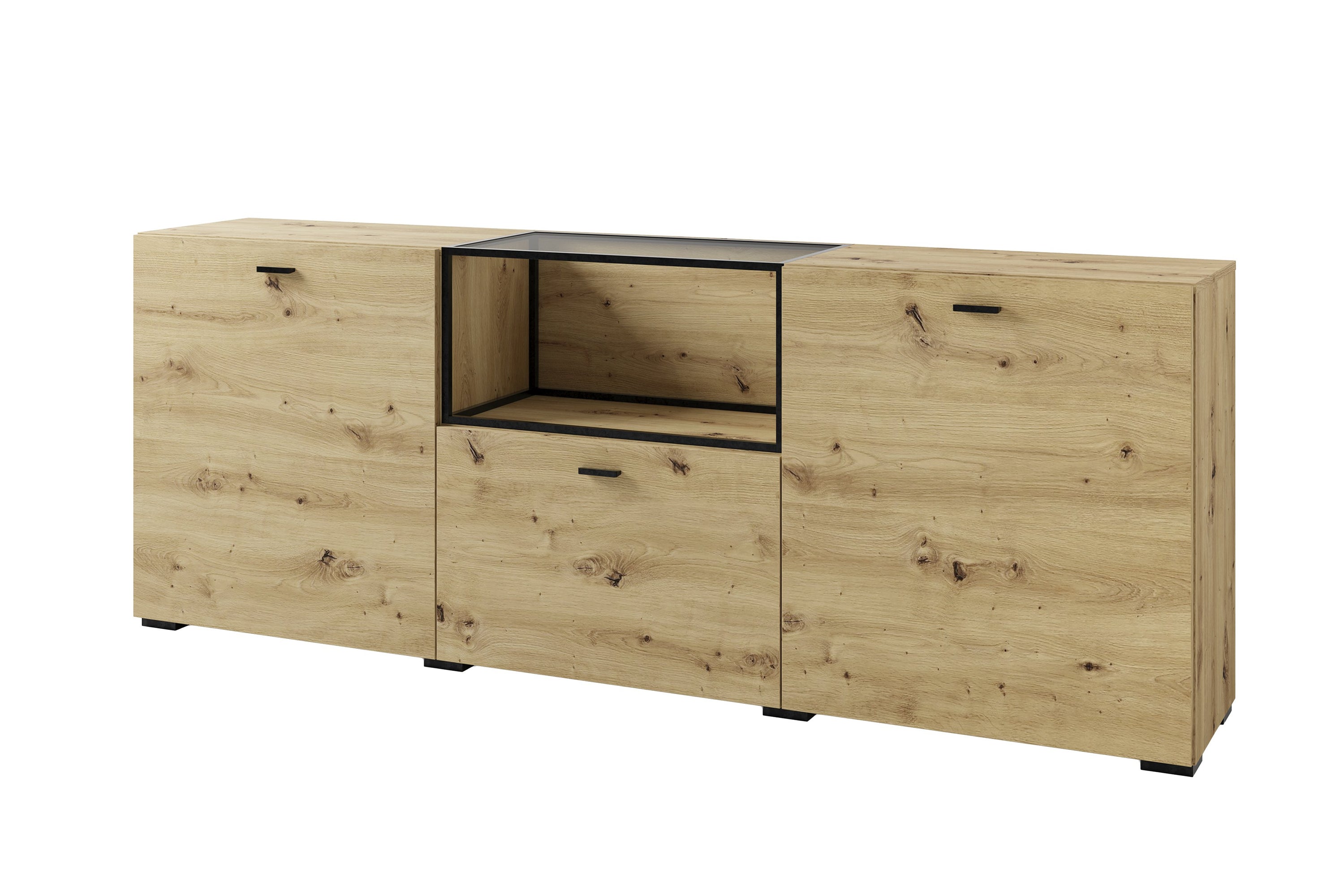 Sideboard FRAME / Artisan Eiche (Eiche-Optik) / Fach mit Metallrahmen und Glasablage, verstellbare Böden / Anrichte / Kommode / Maße: B 200, H 75,5, T 37,5 cm